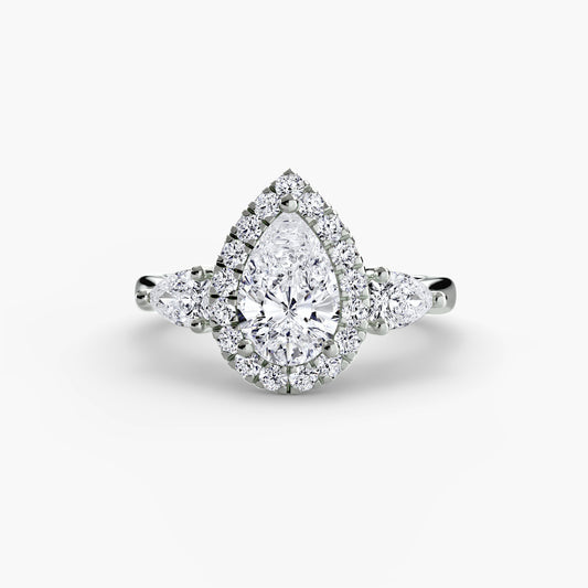 Elysian Three-Stone Ring pear shape diamond with Halo