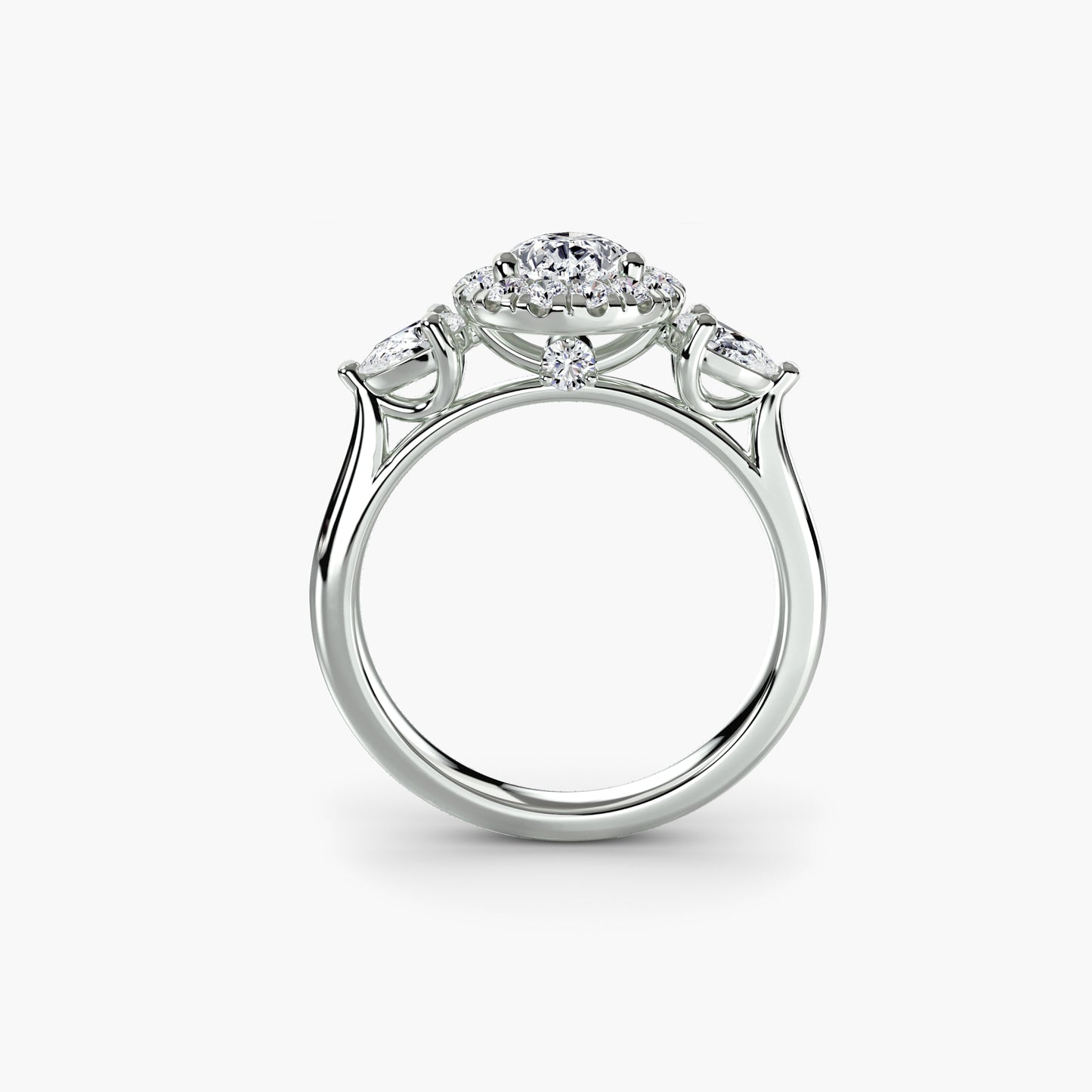 Elysian Three-Stone Ring pear shape diamond with Halo