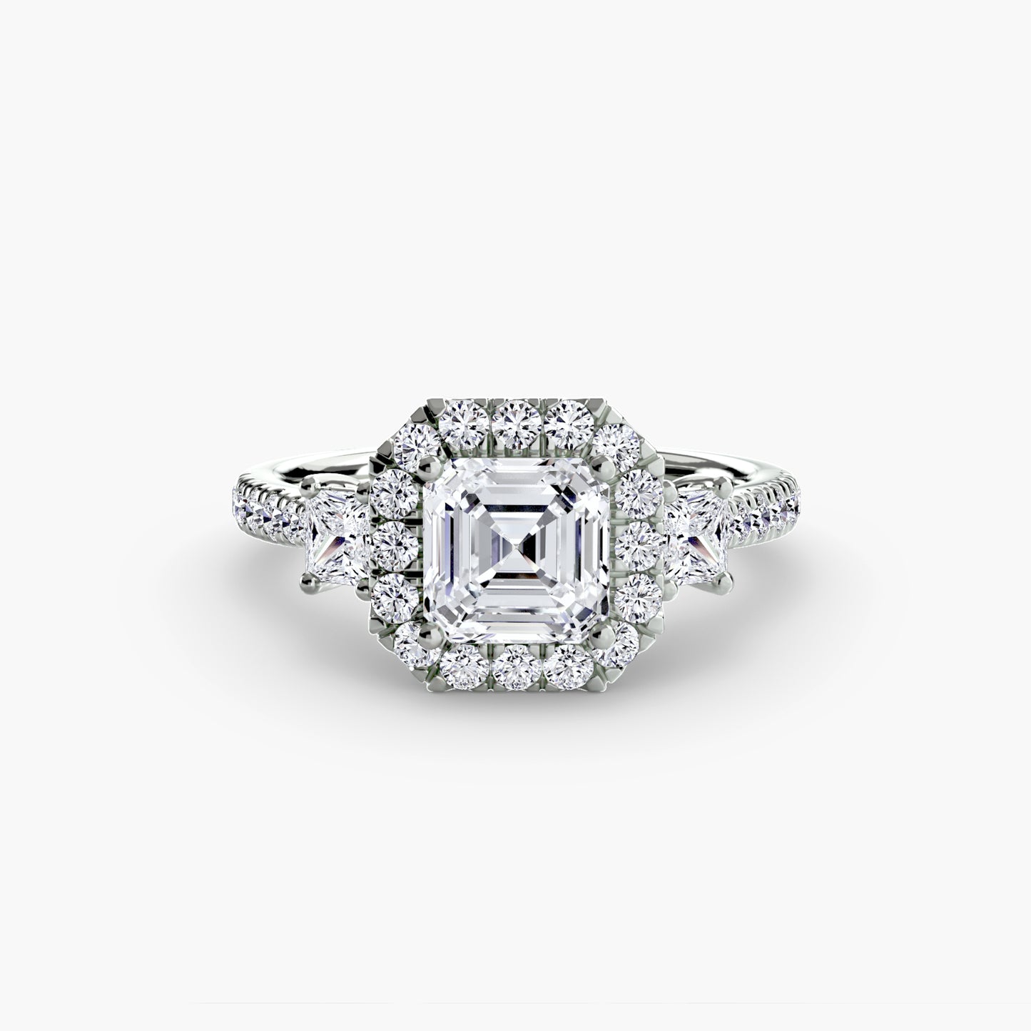 Glamour Three-Stone Diamong Ring with Halo