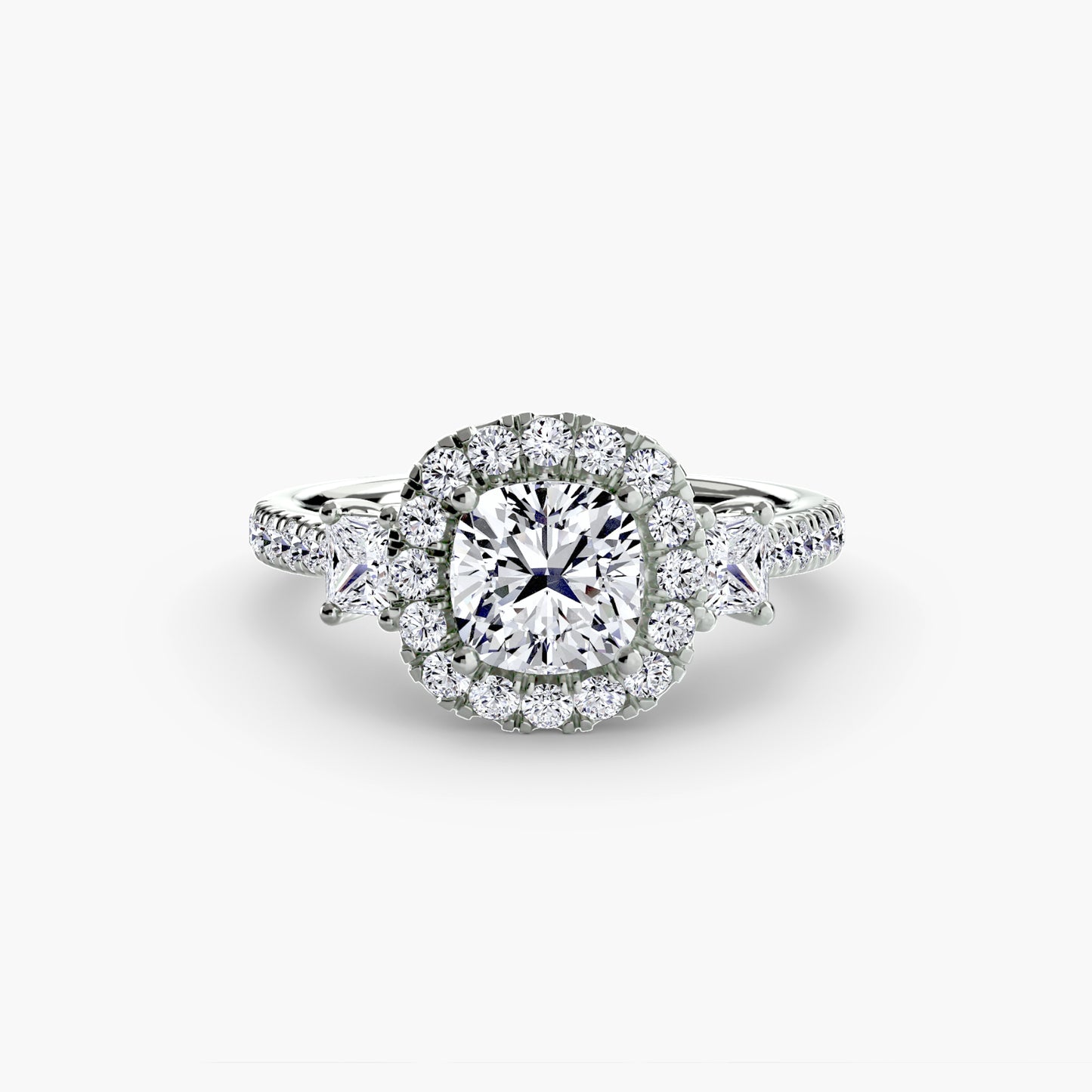 Glamour Three-Stone Diamong Ring with Halo