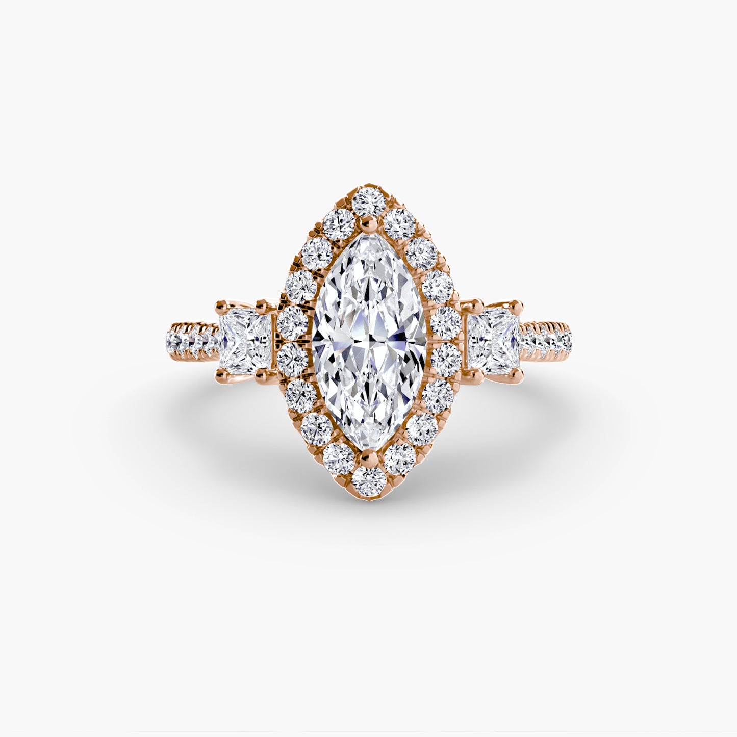 Glamour Three-Stone Diamong Ring with Halo