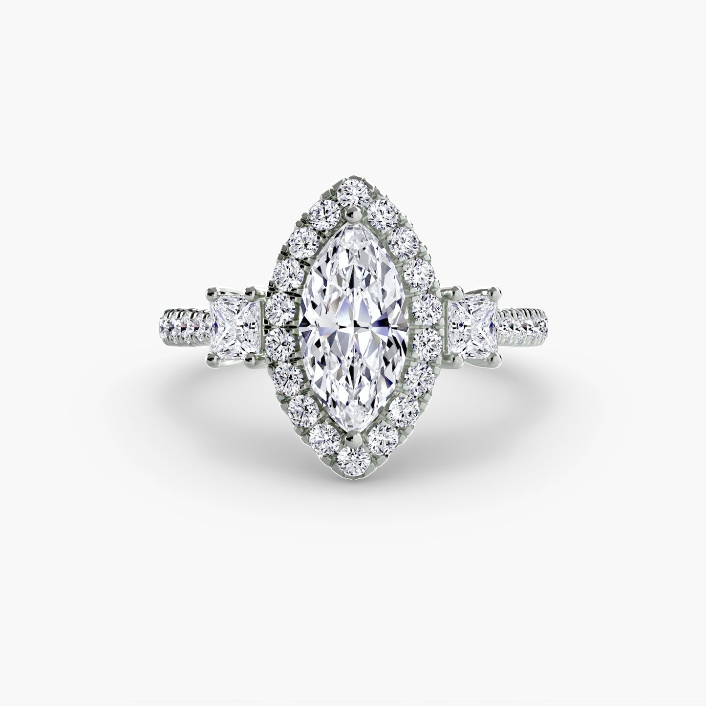 Glamour Three-Stone Diamong Ring with Halo