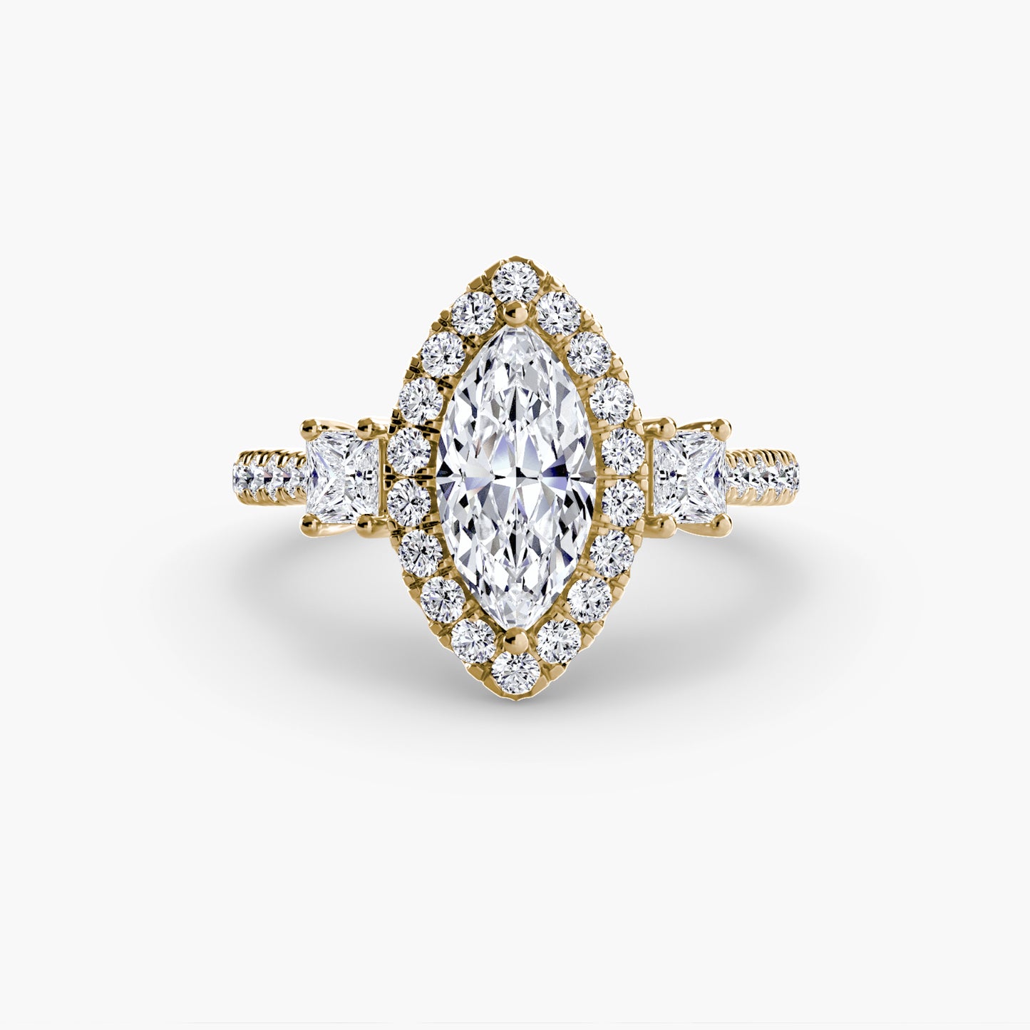 Glamour Three-Stone Diamong Ring with Halo