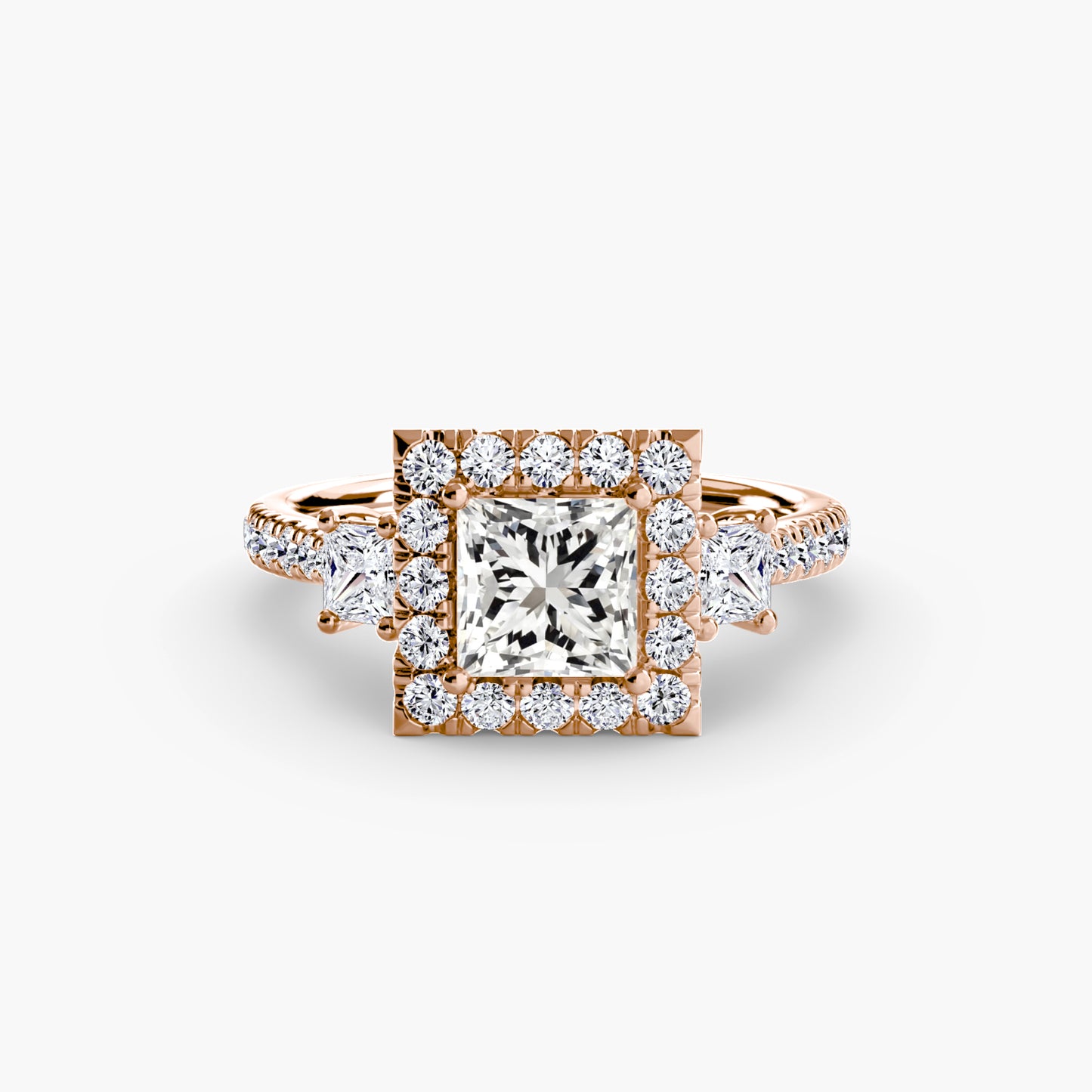Glamour Three-Stone Diamong Ring with Halo
