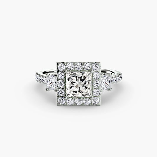 Glamour Three-Stone Diamong Ring with Halo