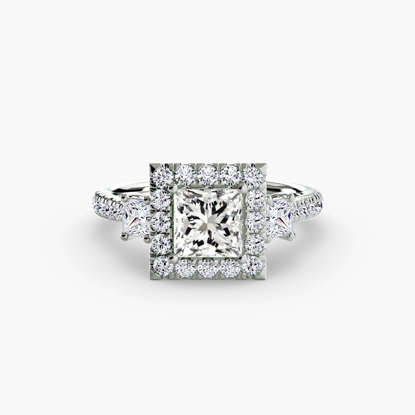 Glamour Three-Stone Diamong Ring with Halo