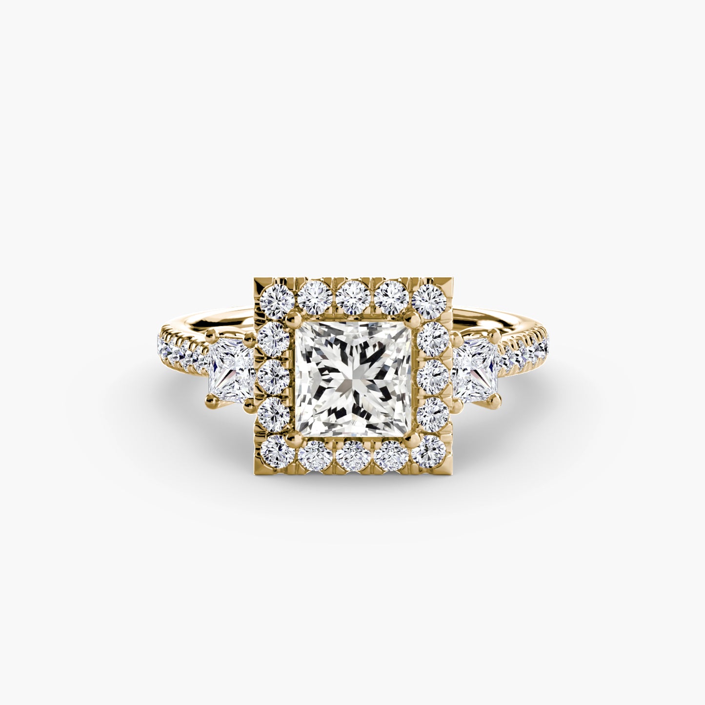 Glamour Three-Stone Diamong Ring with Halo