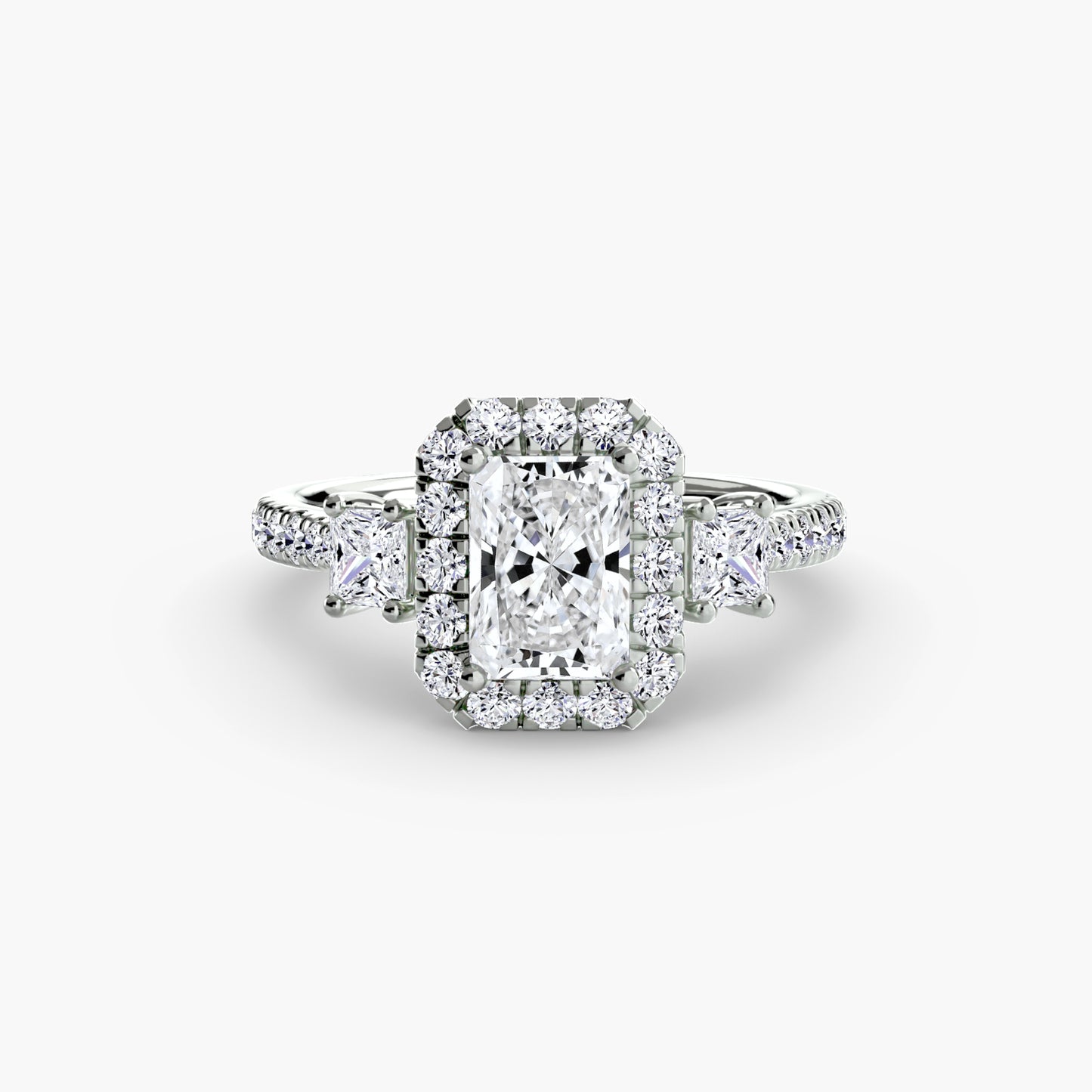 Glamour Three-Stone Diamong Ring with Halo