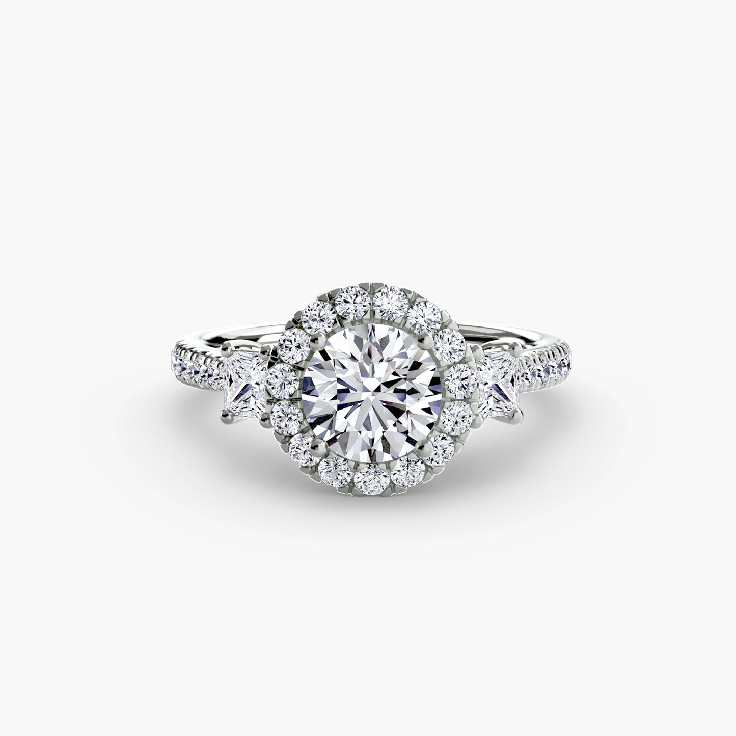 Glamour Three-Stone Diamong Ring with Halo