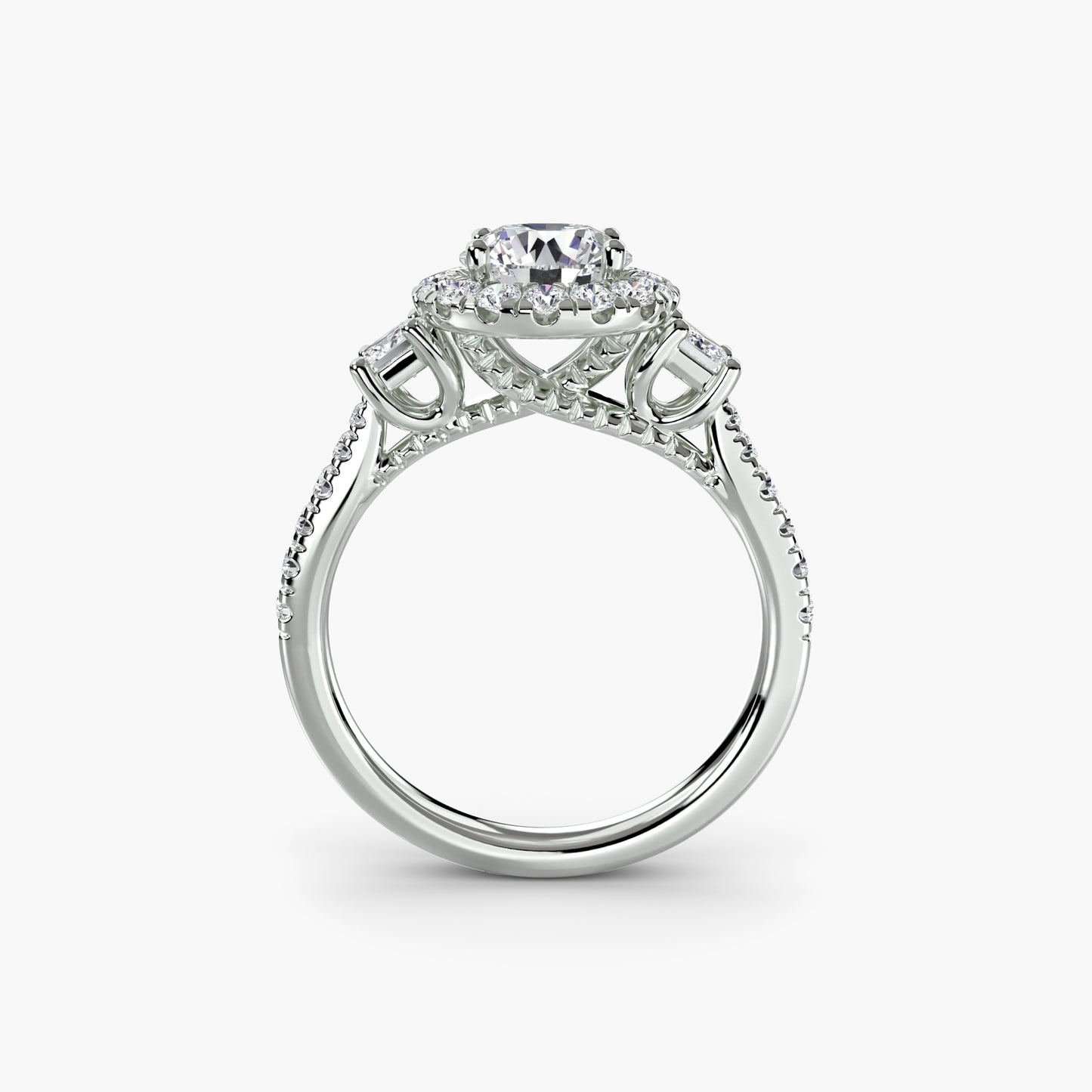 Glamour Three-Stone Diamong Ring with Halo