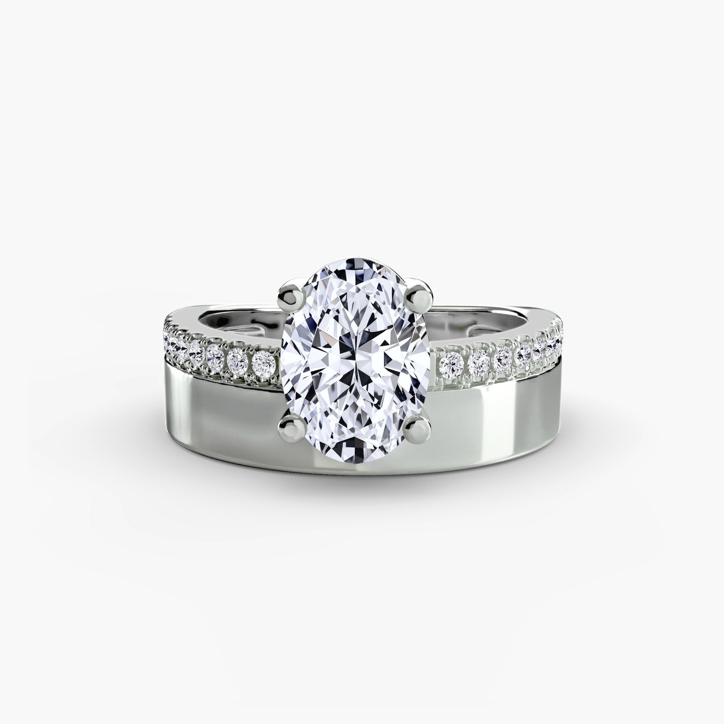 Wide Band Juxtapose diamond Solitaire with Pavé Band