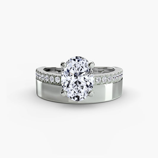 Wide Band Juxtapose diamond Solitaire with Pavé Band