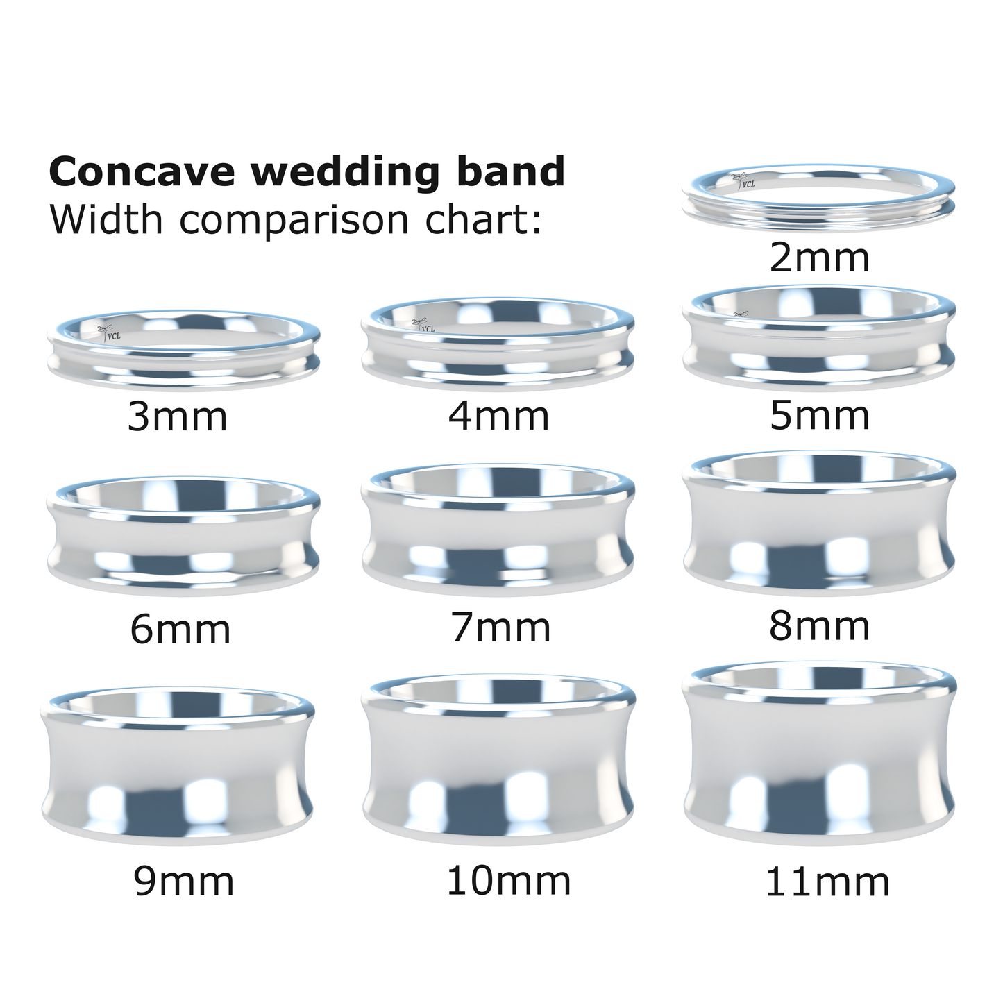 Concave wedding band wide - 2mm to 11mm
