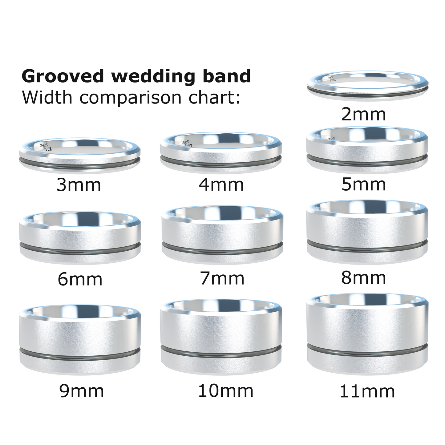 Grooved black rhodium wedding band wide - 2mm to 11mm