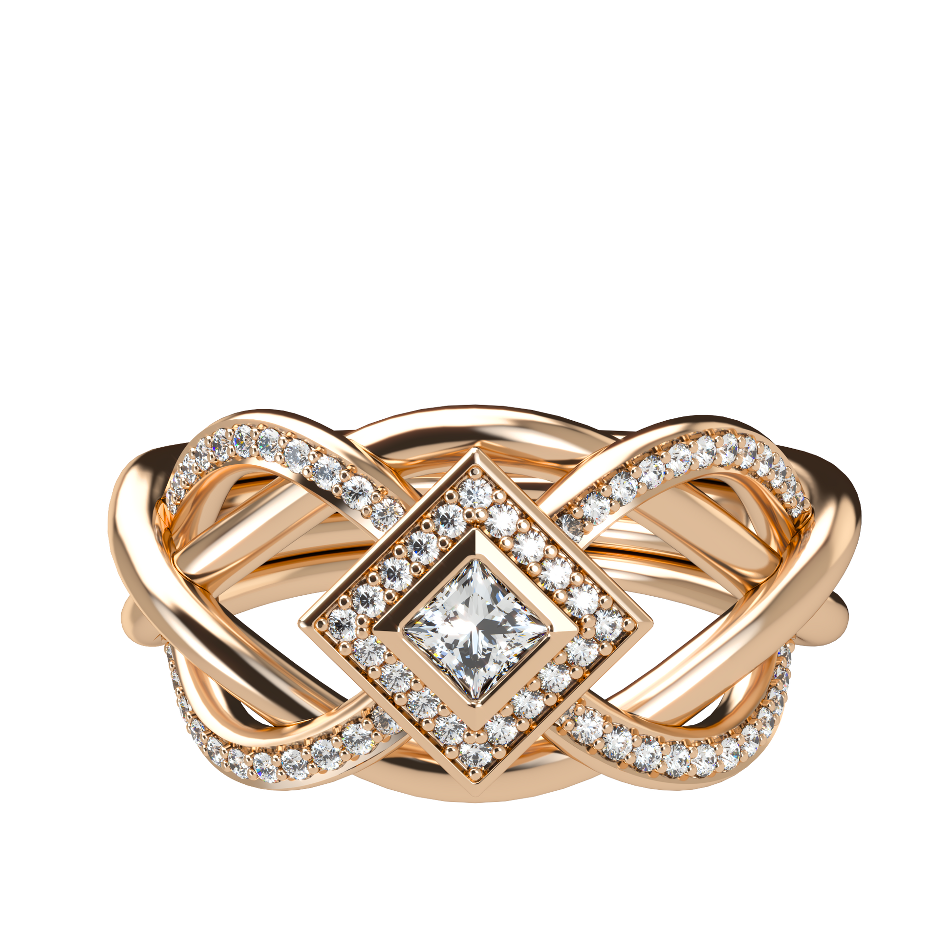 Puzzle ring with half diamond pavé and princess cut diamond halo setting - ™ Joaillerie VCL