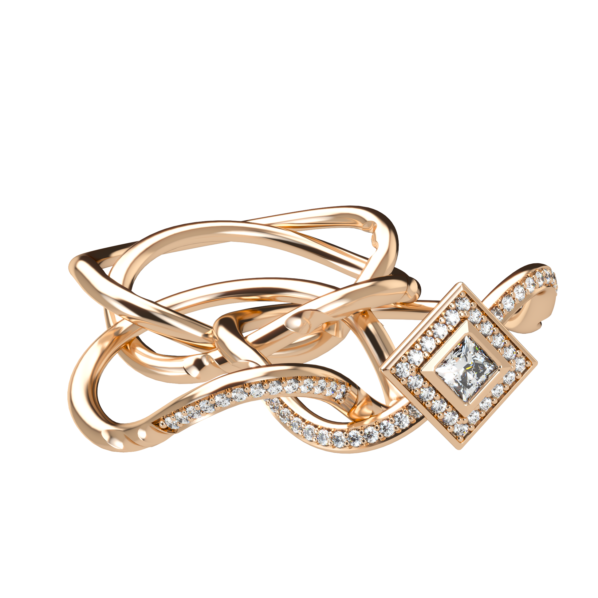 Puzzle ring with half diamond pavé and princess cut diamond halo setting - ™ Joaillerie VCL