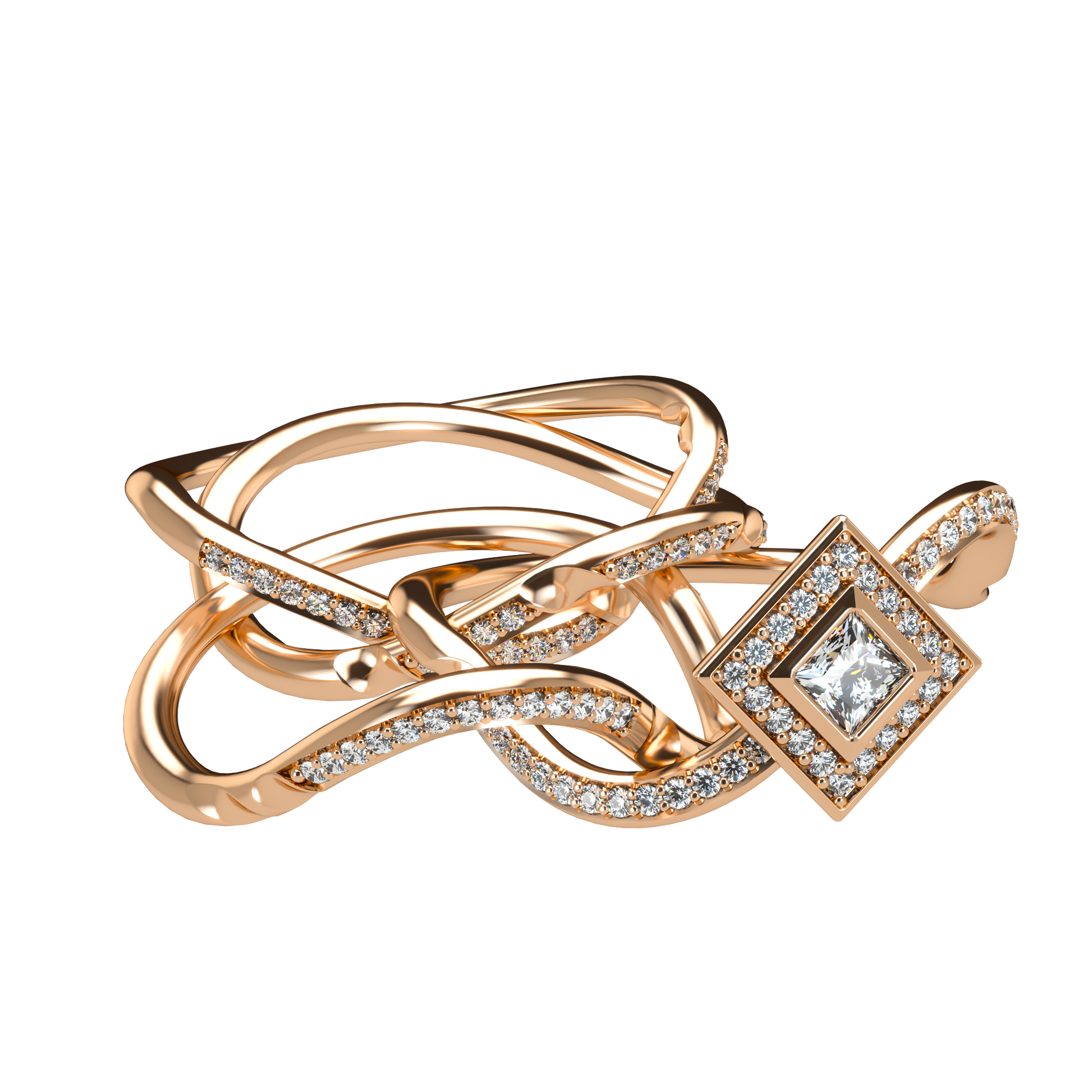 Puzzle ring with diamond pavé and Halo Princess cut diamond - ™ Joaillerie VCL