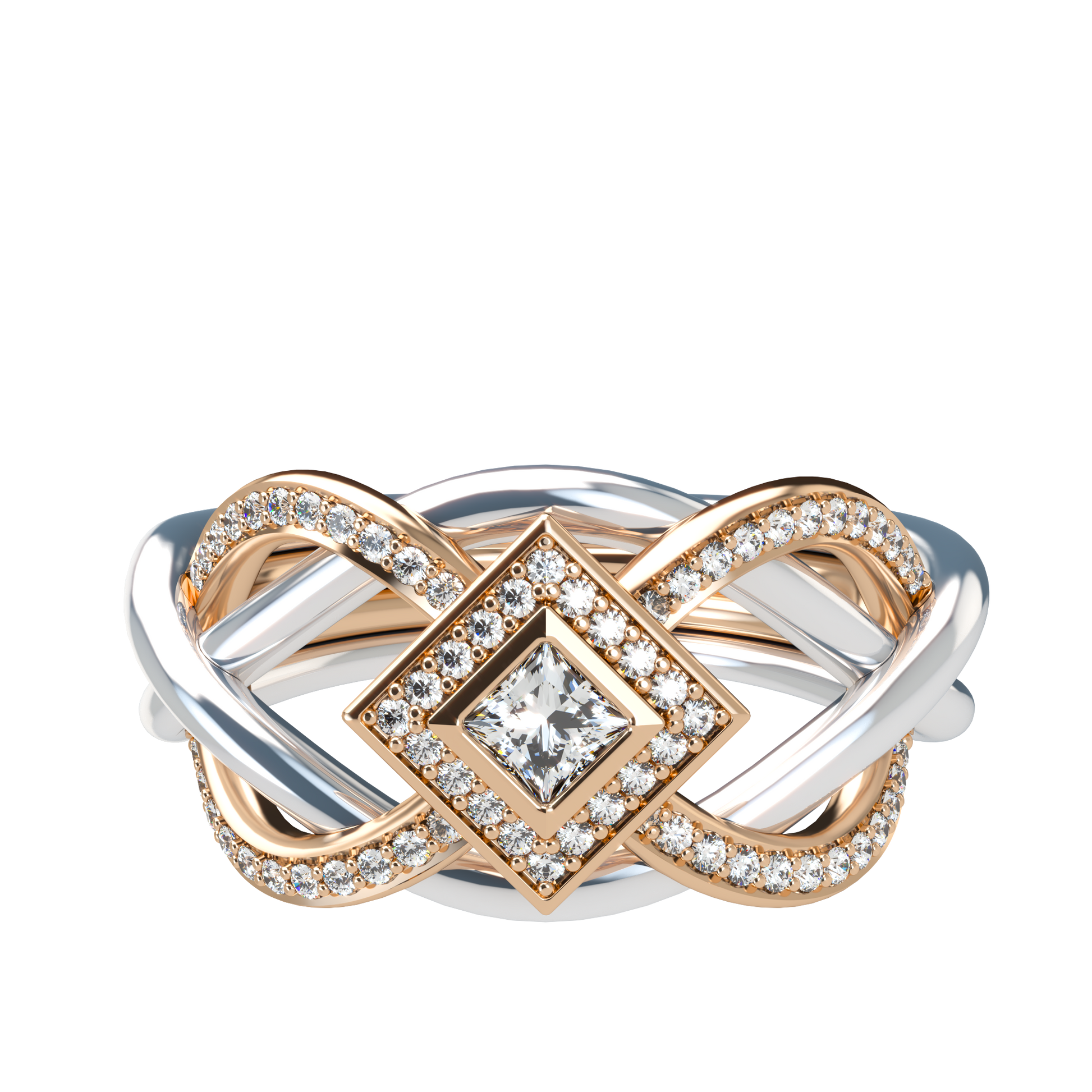Puzzle ring with half diamond pavé and princess cut diamond halo setting - ™ Joaillerie VCL