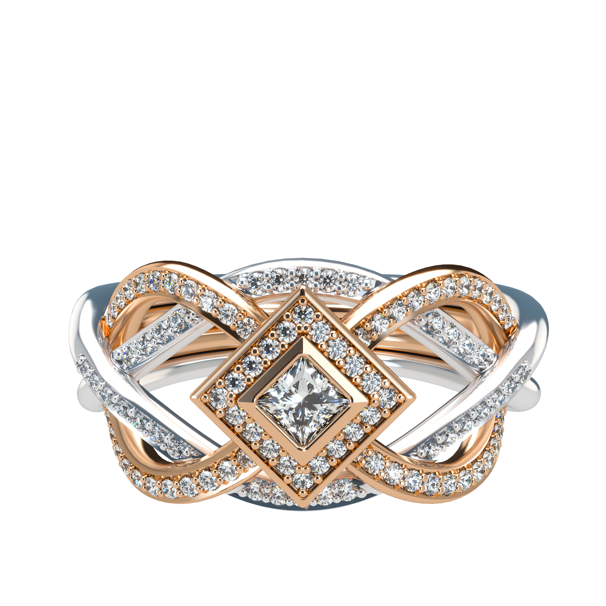 Puzzle ring with diamond pavé and Halo Princess cut diamond - ™ Joaillerie VCL
