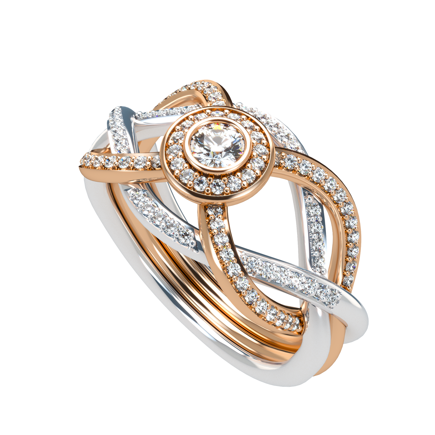 Puzzle ring with full diamond pavé with diamond halo - ™ Joaillerie VCL