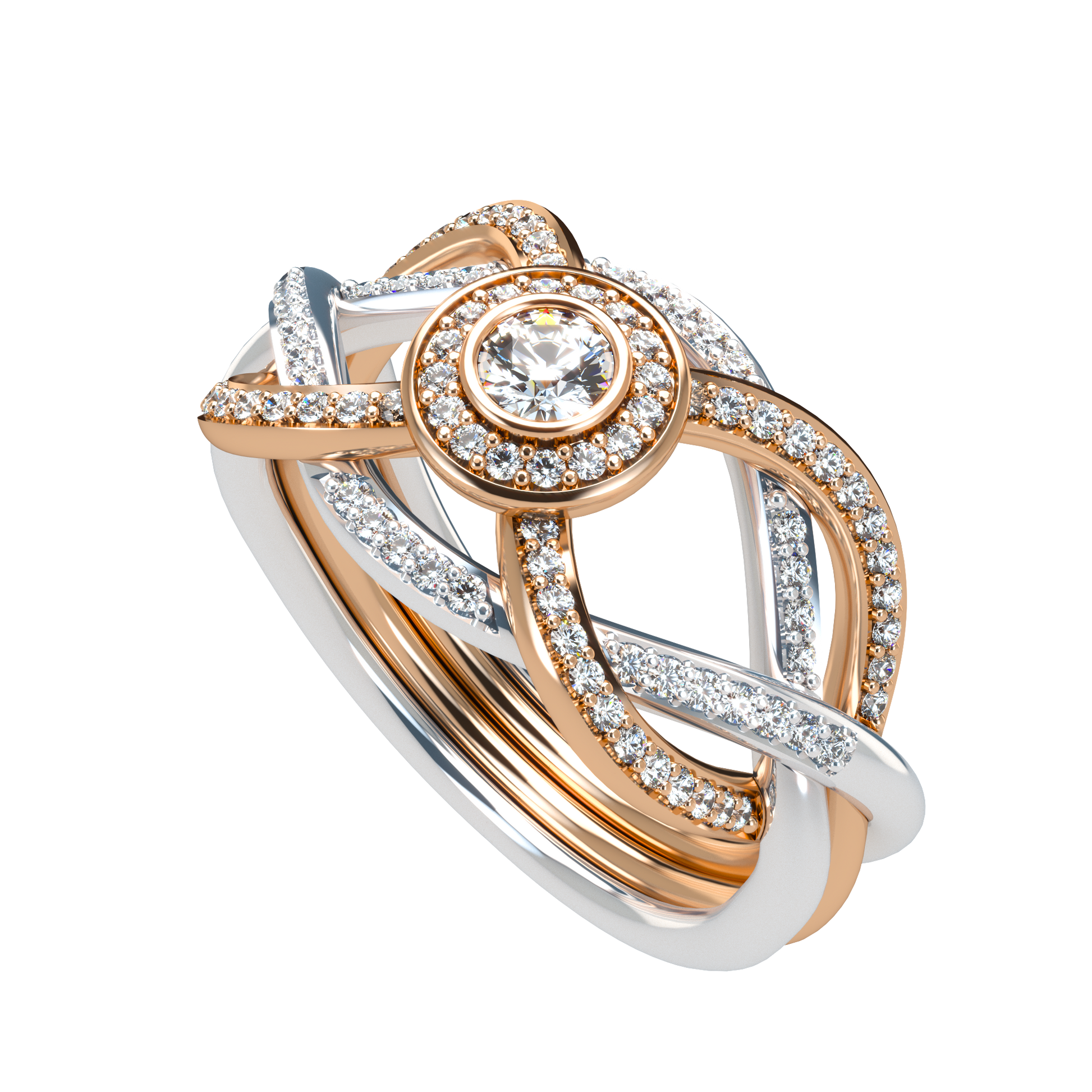 Puzzle ring with full diamond pavé with diamond halo - ™ Joaillerie VCL
