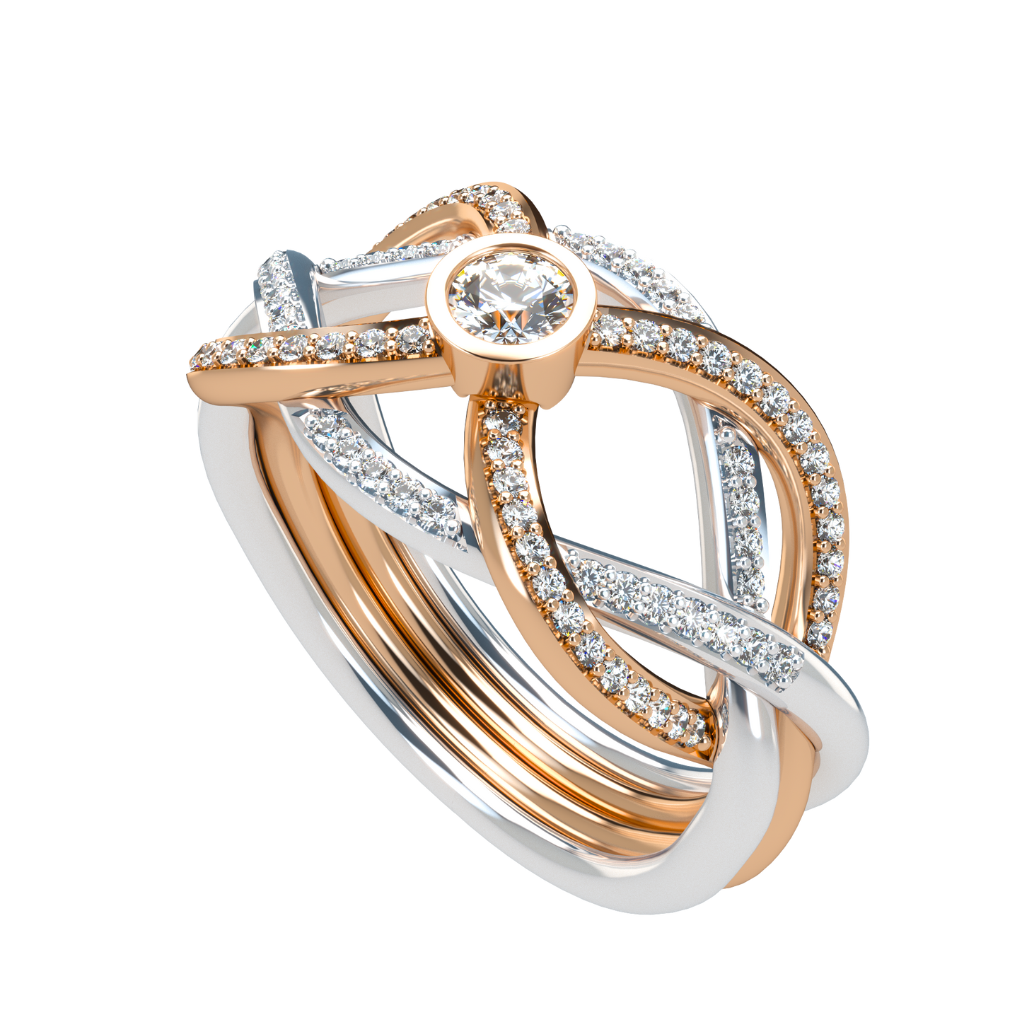 Puzzle ring with diamond pavé and round diamond bezel - ™ Joaillerie VCL