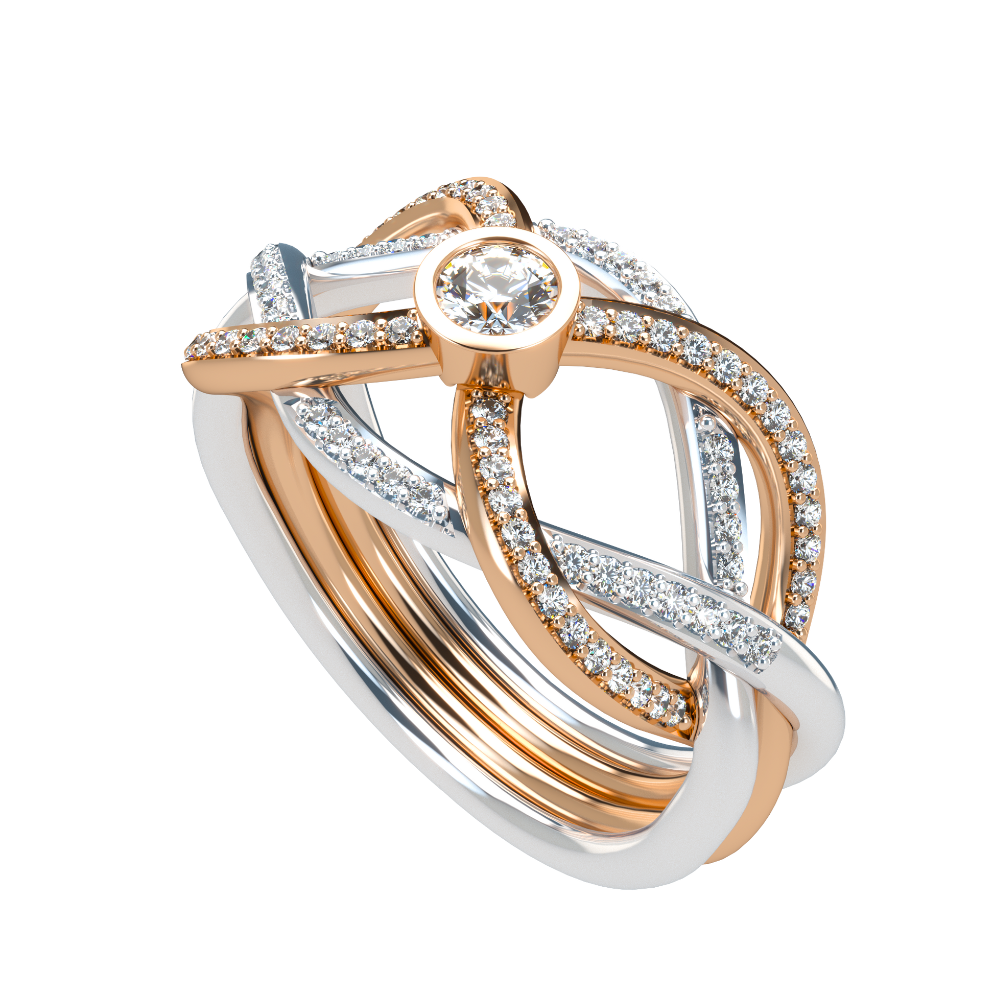 Puzzle ring with diamond pavé and round diamond bezel - ™ Joaillerie VCL