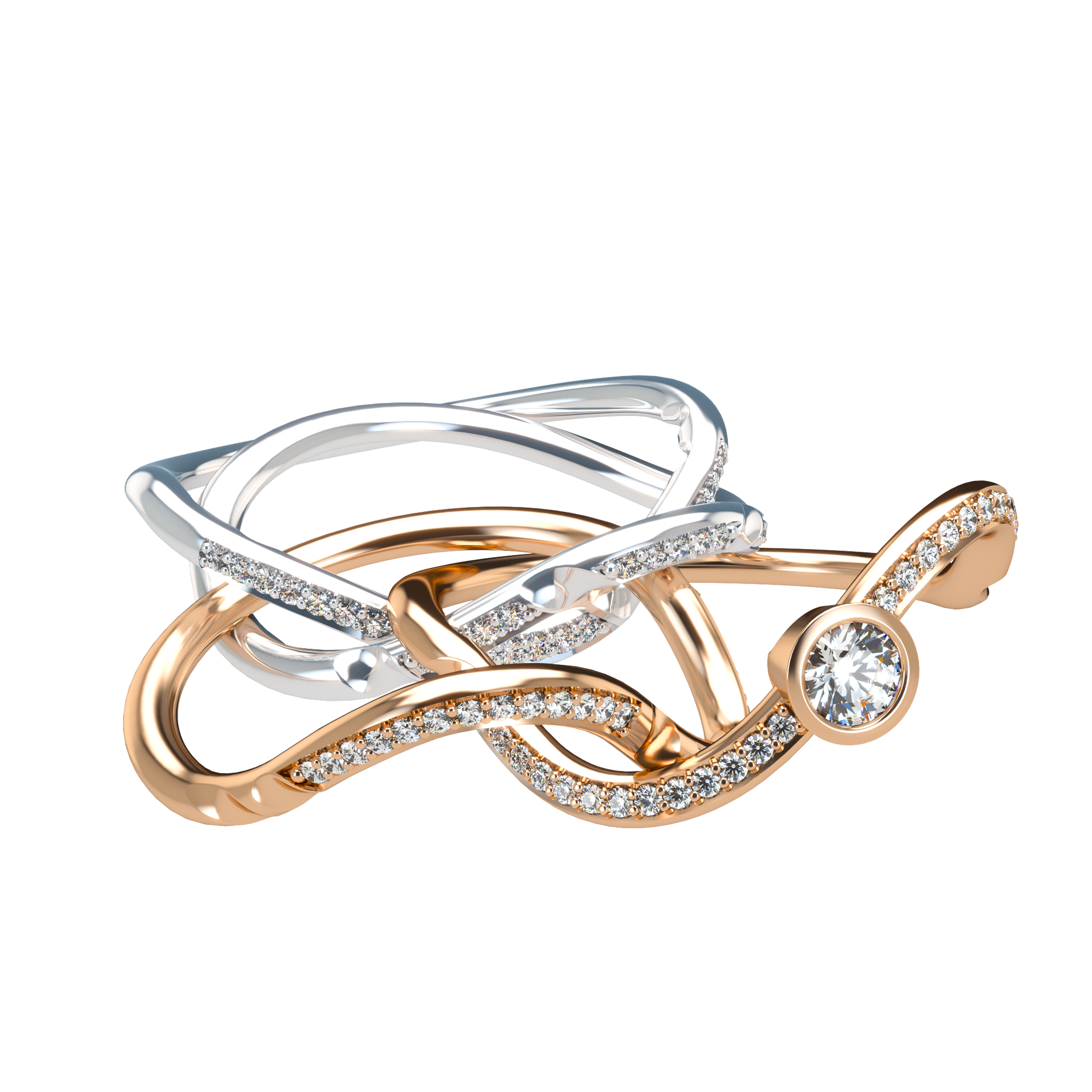 Puzzle ring with diamond pavé and round diamond bezel - ™ Joaillerie VCL