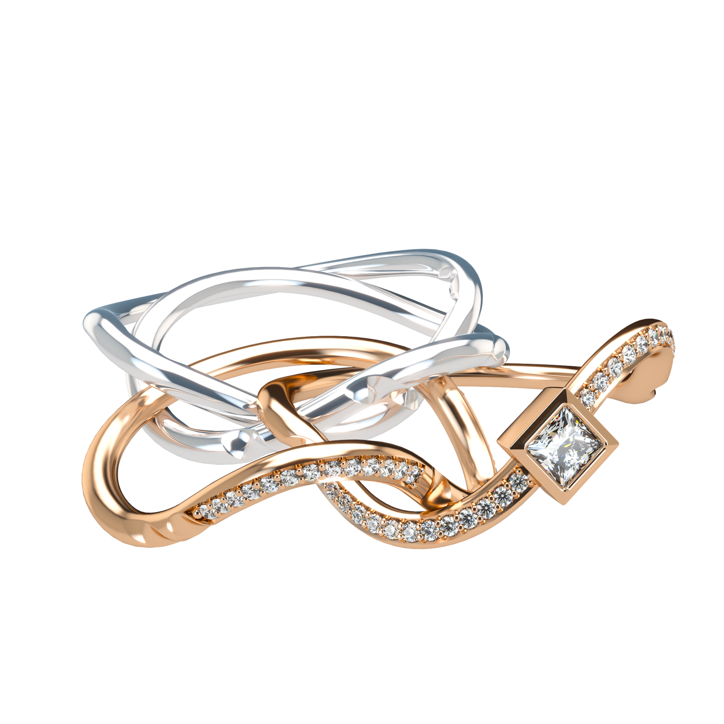 Puzzle ring with Half diamond Pavé and Princess cut diamond Bezel - ™ Joaillerie VCL