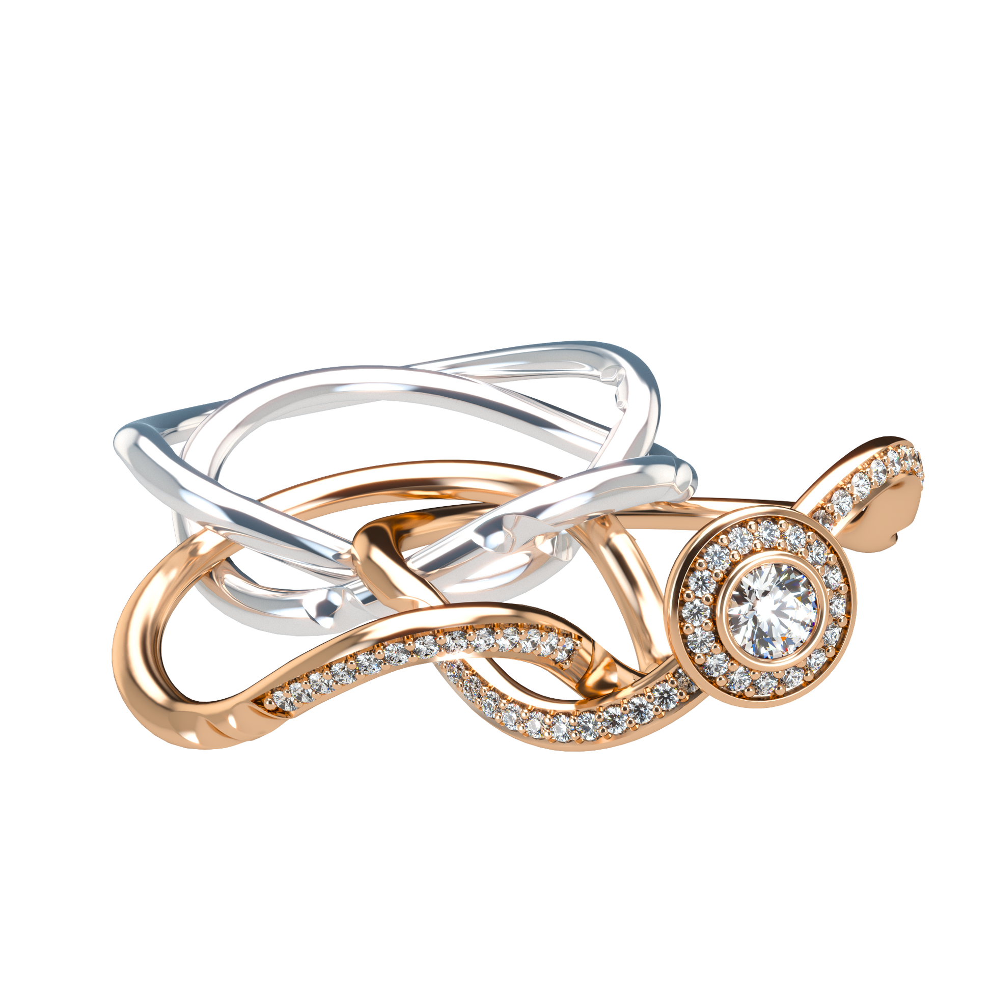 Puzzle ring half diamond pavé halo diamond setting - ™ Joaillerie VCL
