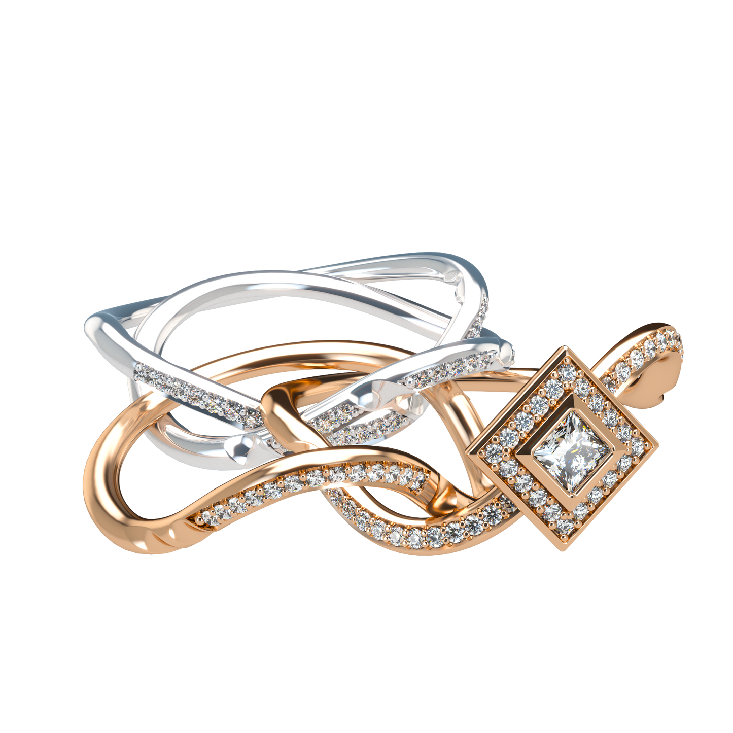 Puzzle ring with diamond pavé and Halo Princess cut diamond - ™ Joaillerie VCL