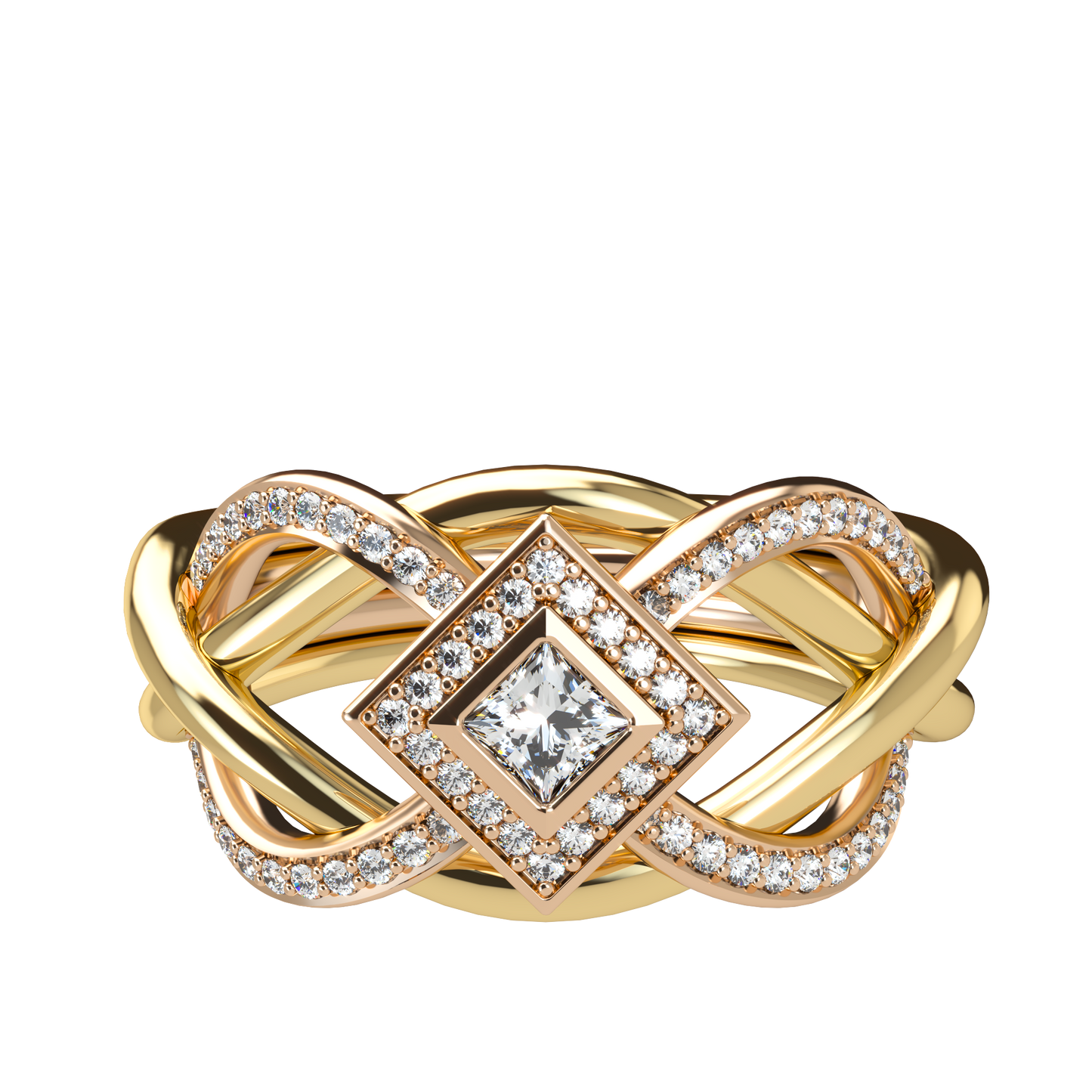 Puzzle ring with half diamond pavé and princess cut diamond halo setting - ™ Joaillerie VCL