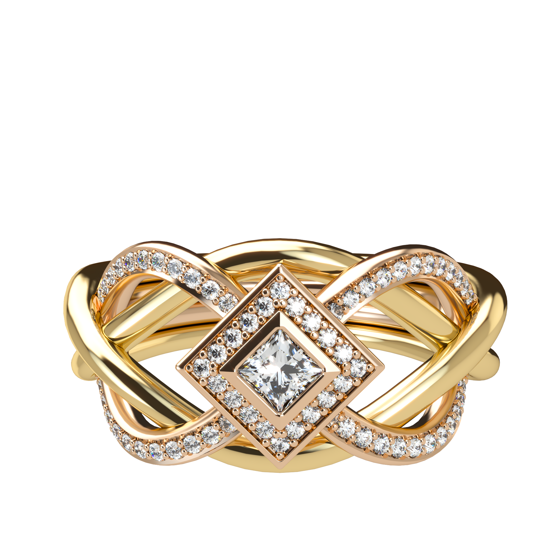 Puzzle ring with half diamond pavé and princess cut diamond halo setting - ™ Joaillerie VCL