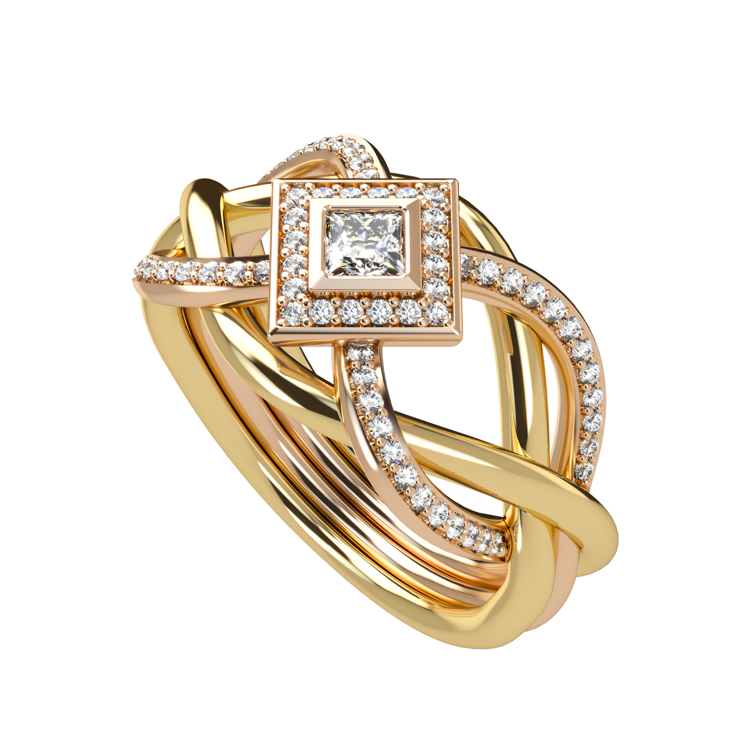 Puzzle ring with half diamond pavé and princess cut diamond halo setting - ™ Joaillerie VCL