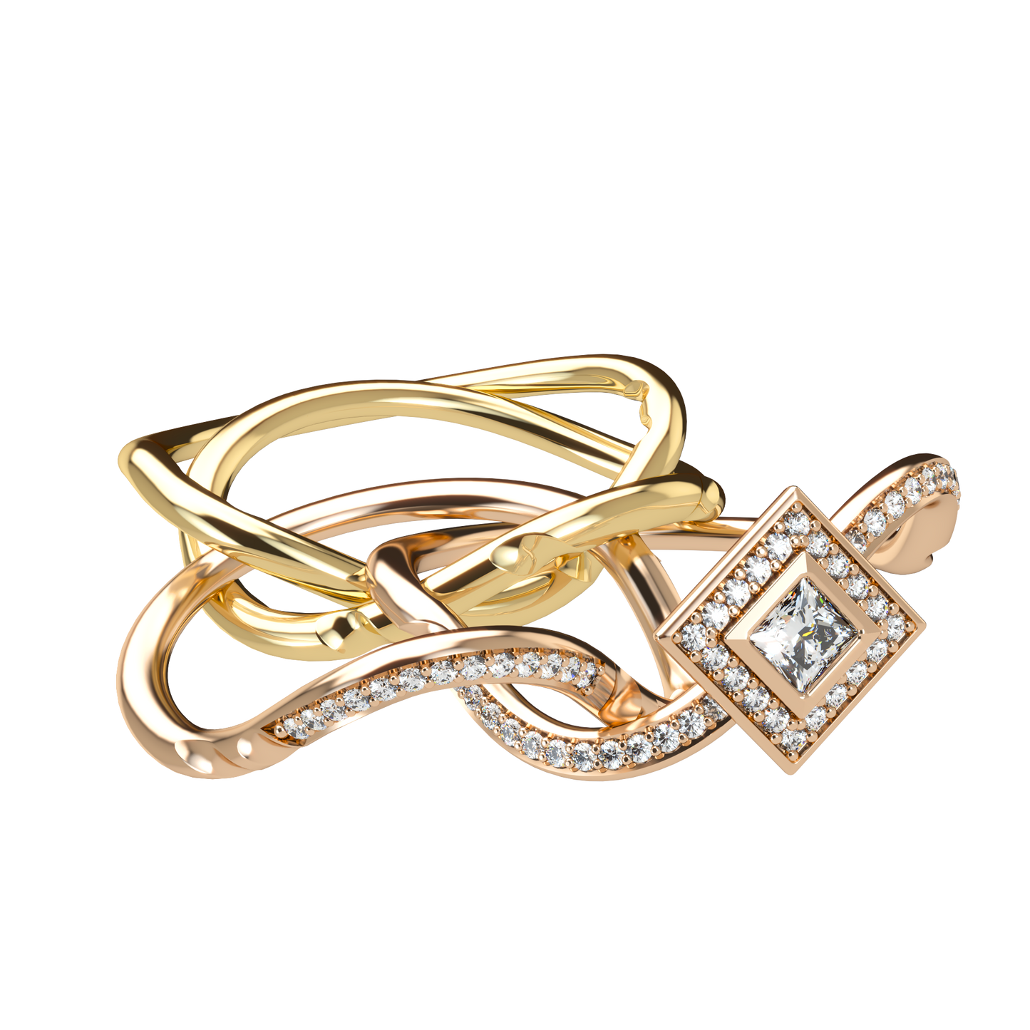 Puzzle ring with half diamond pavé and princess cut diamond halo setting - ™ Joaillerie VCL