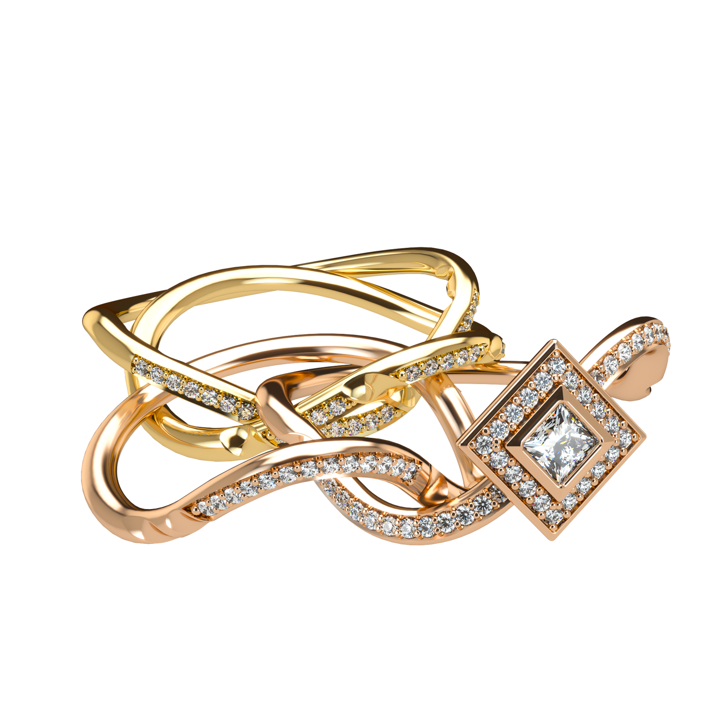 Puzzle ring with diamond pavé and Halo Princess cut diamond - ™ Joaillerie VCL