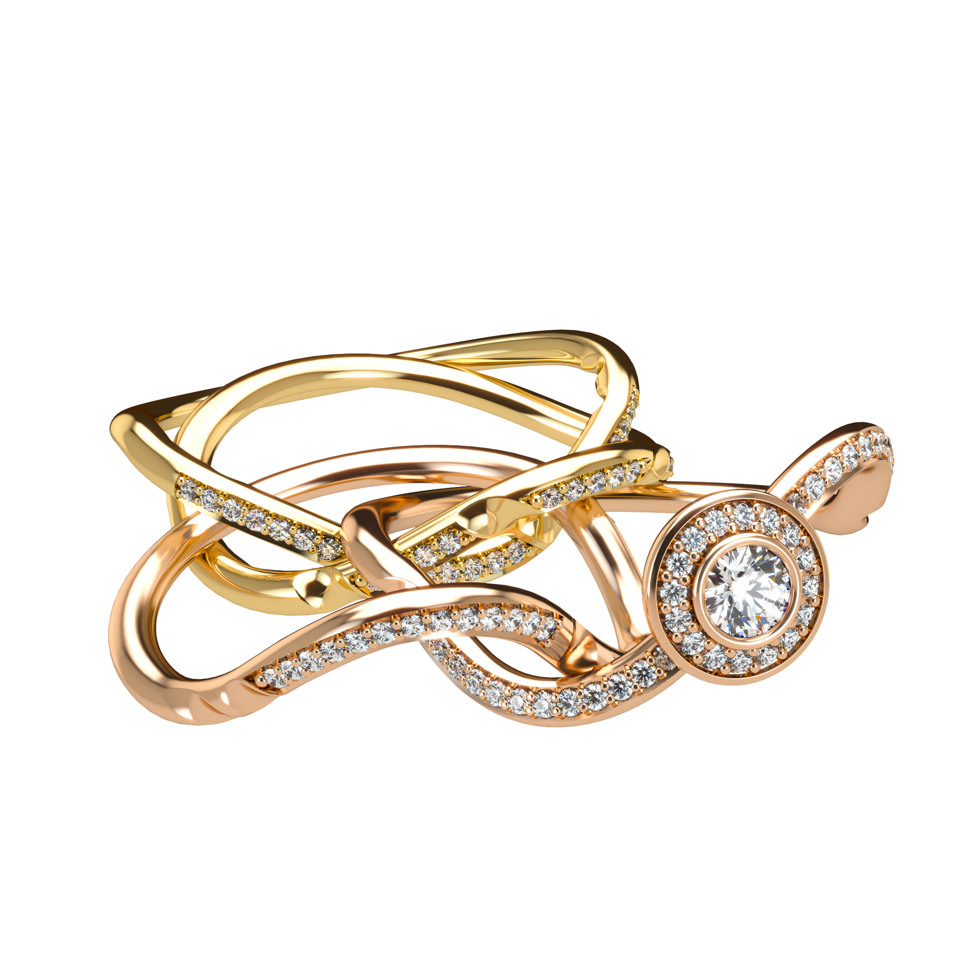 Puzzle ring with full diamond pavé with diamond halo - ™ Joaillerie VCL