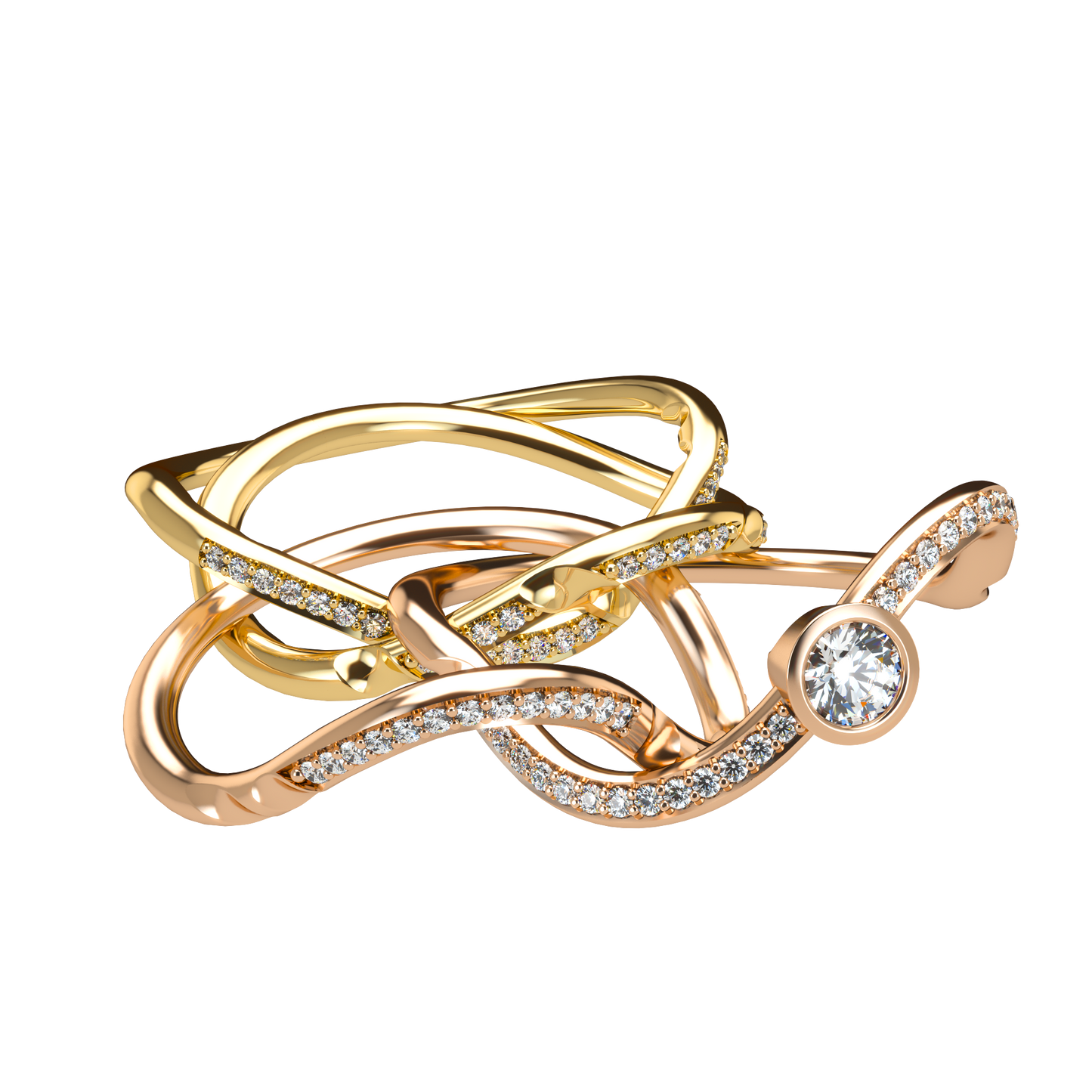 Puzzle ring with diamond pavé and round diamond bezel - ™ Joaillerie VCL