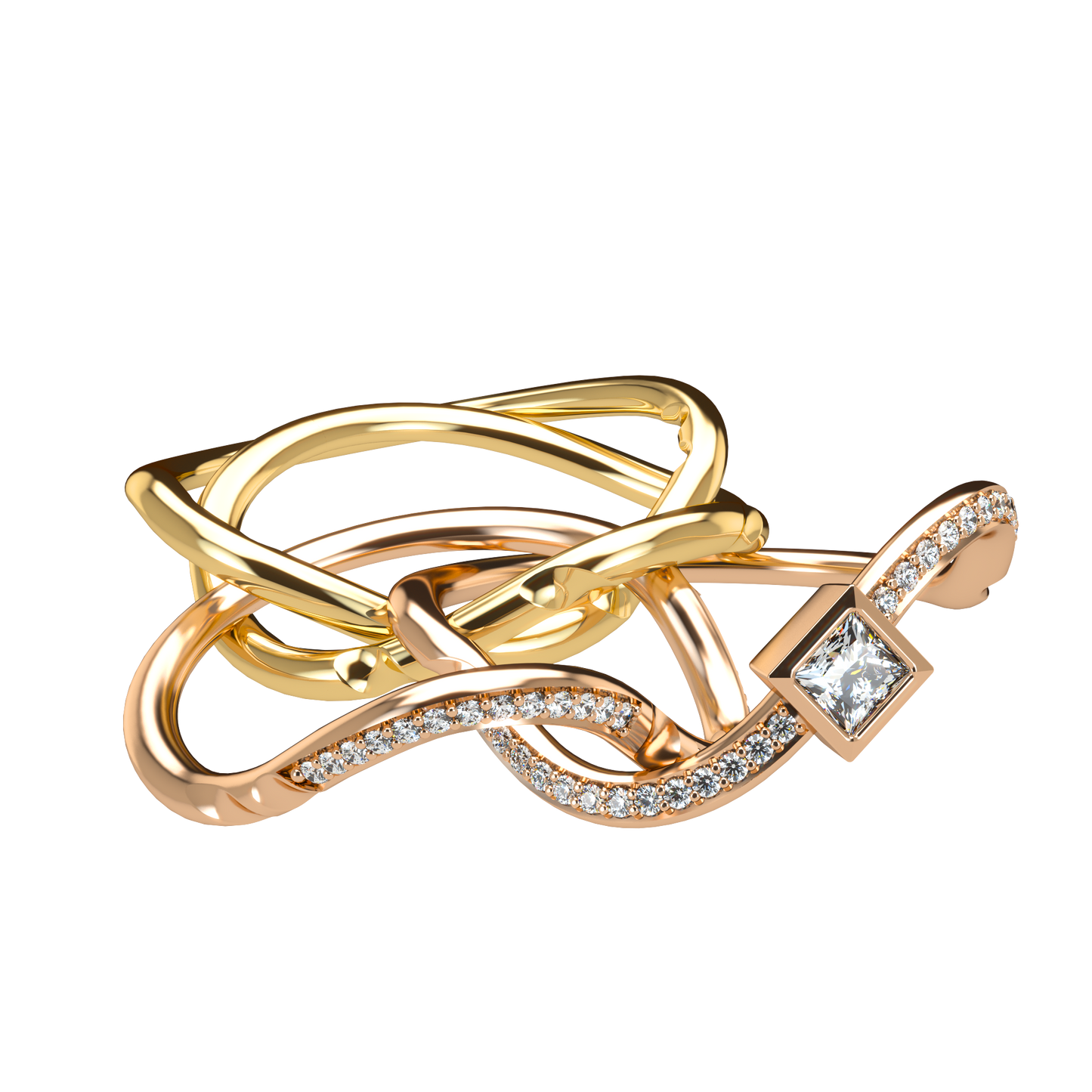 Puzzle ring with Half diamond Pavé and Princess cut diamond Bezel - ™ Joaillerie VCL