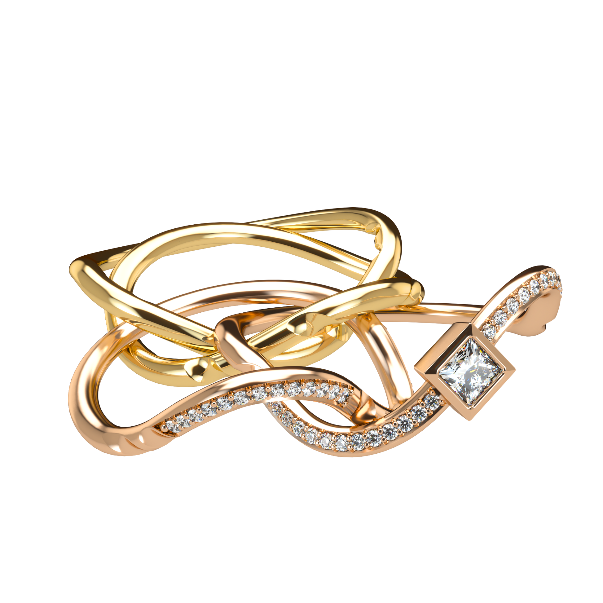 Puzzle ring with Half diamond Pavé and Princess cut diamond Bezel - ™ Joaillerie VCL