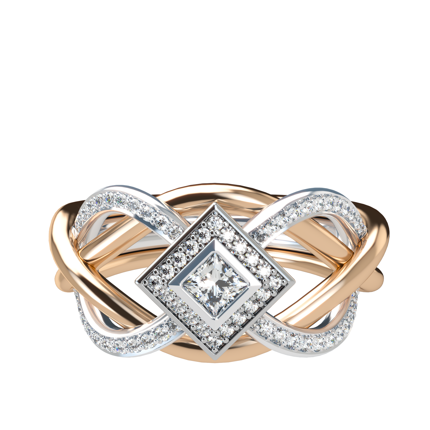 Puzzle ring with half diamond pavé and princess cut diamond halo setting - ™ Joaillerie VCL