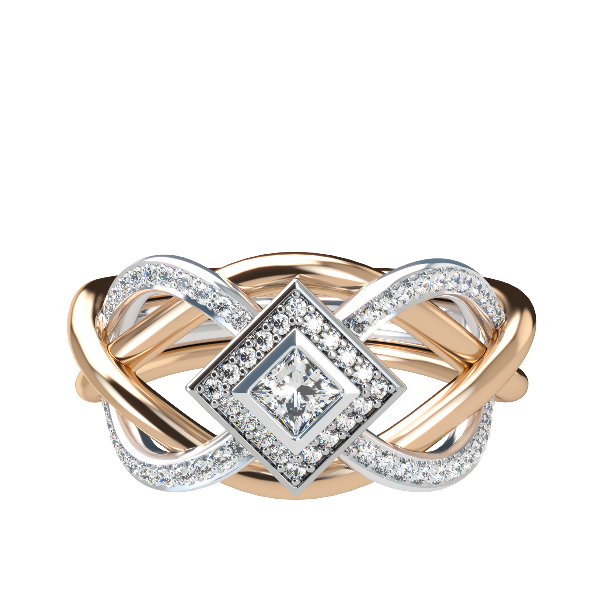 Puzzle ring with half diamond pavé and princess cut diamond halo setting - ™ Joaillerie VCL
