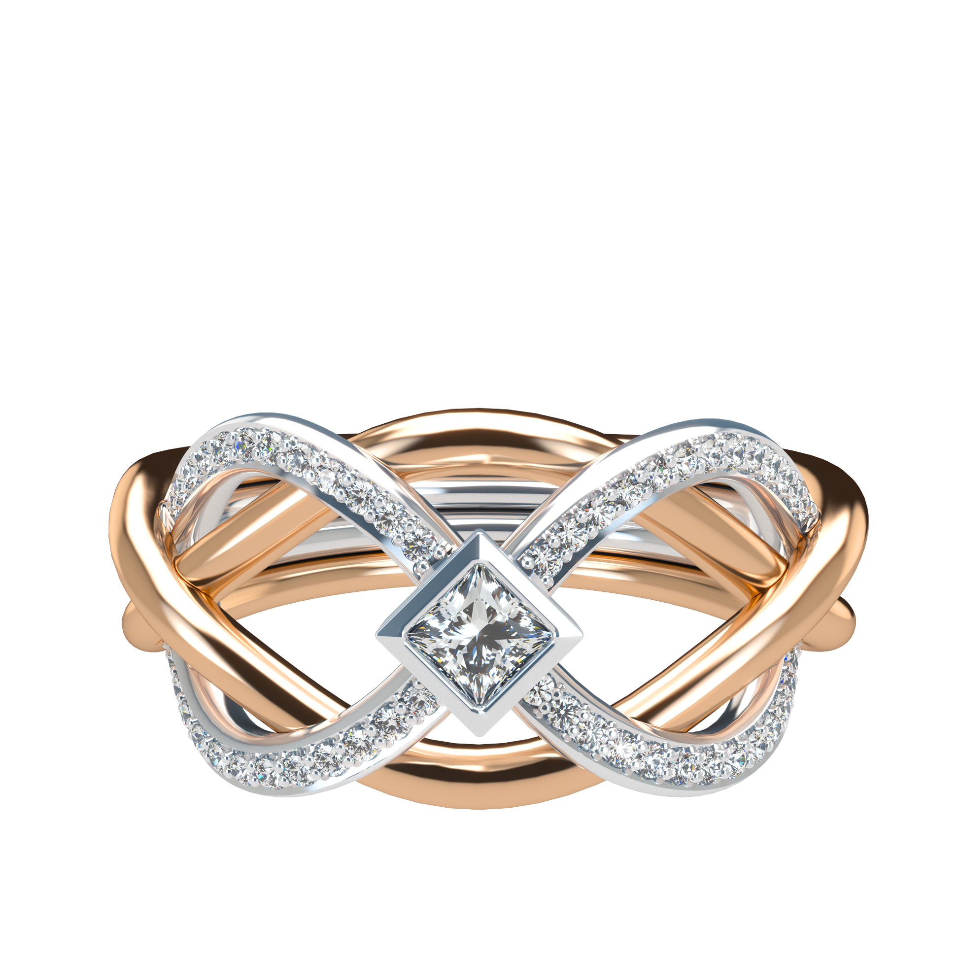 Puzzle ring with Half diamond Pavé and Princess cut diamond Bezel - ™ Joaillerie VCL