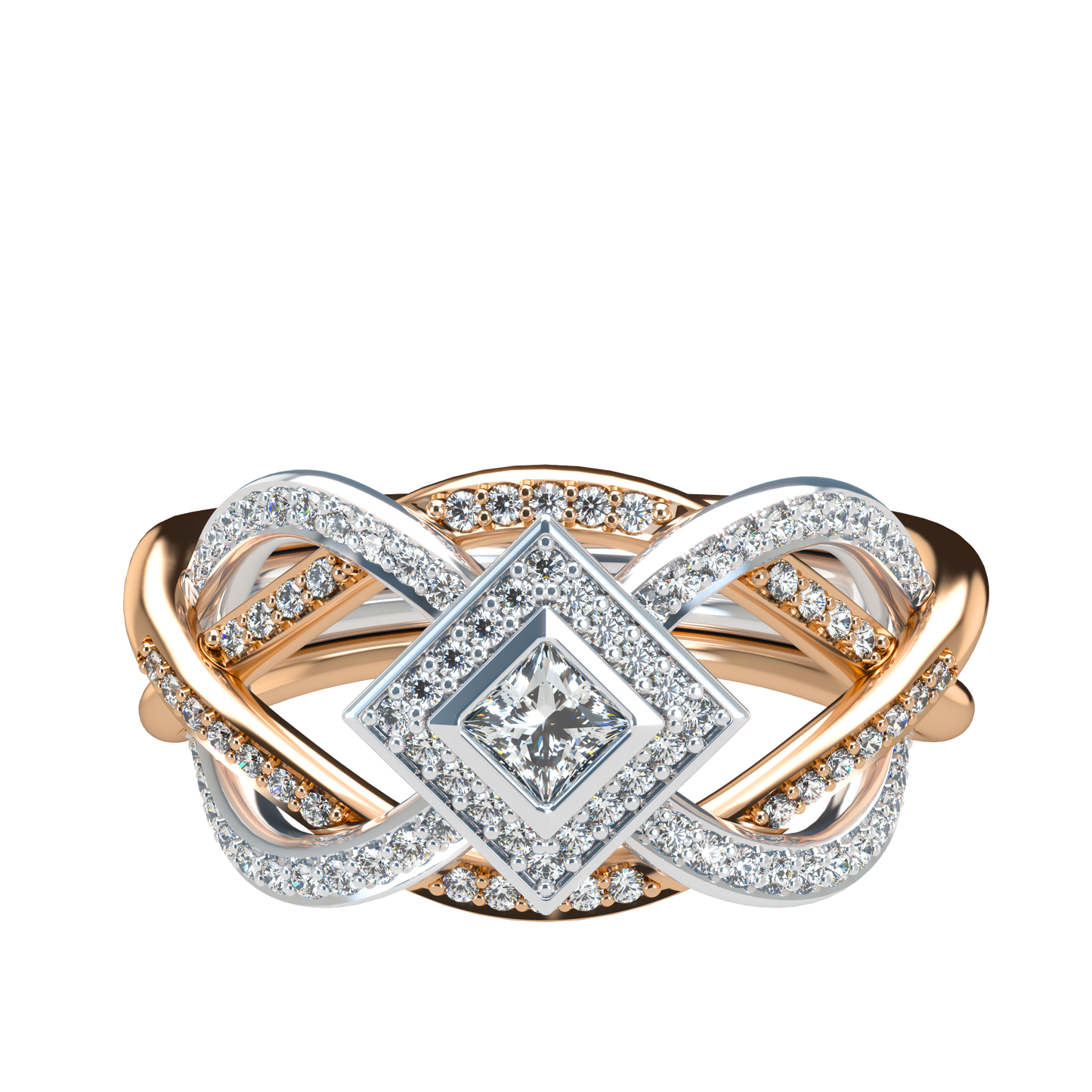 Puzzle ring with diamond pavé and Halo Princess cut diamond - ™ Joaillerie VCL
