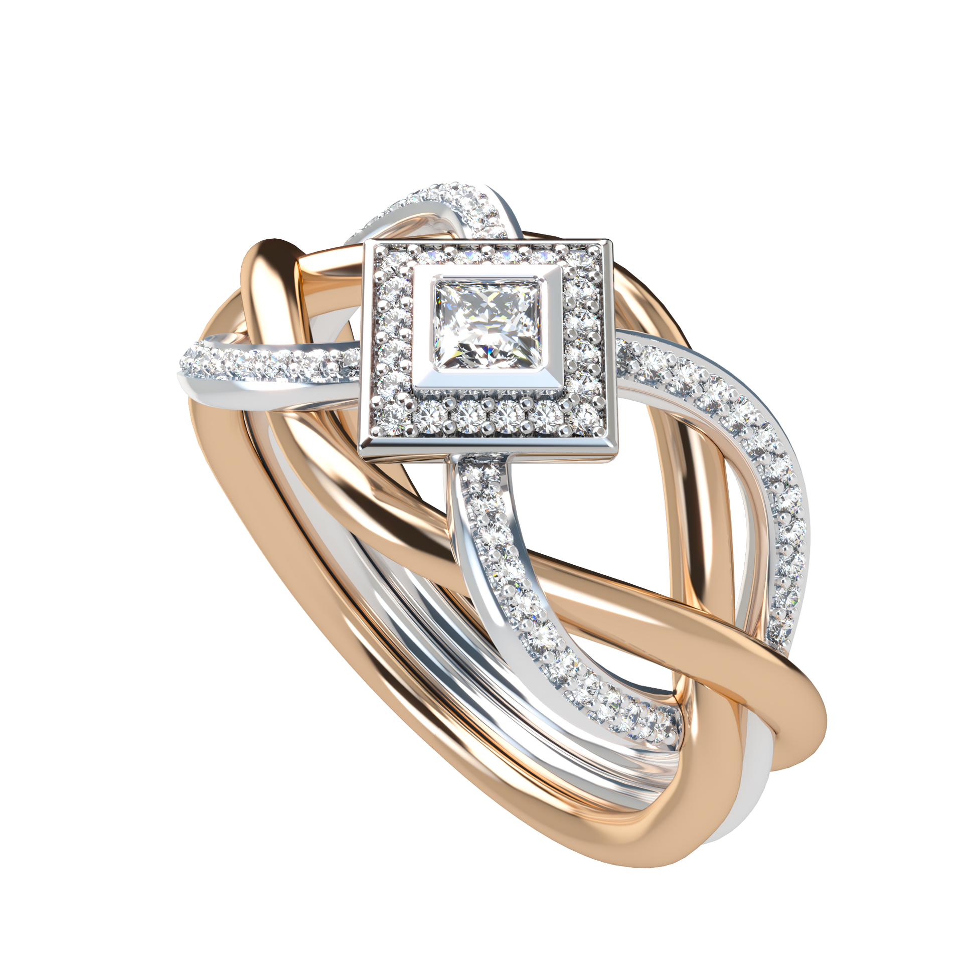 Puzzle ring with half diamond pavé and princess cut diamond halo setting - ™ Joaillerie VCL