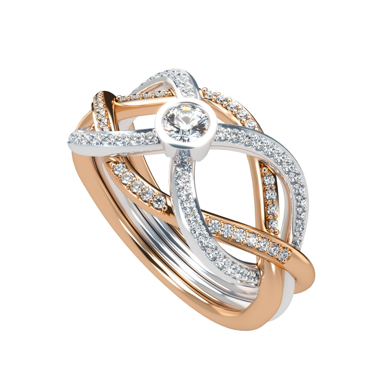 Puzzle ring with diamond pavé and round diamond bezel - ™ Joaillerie VCL