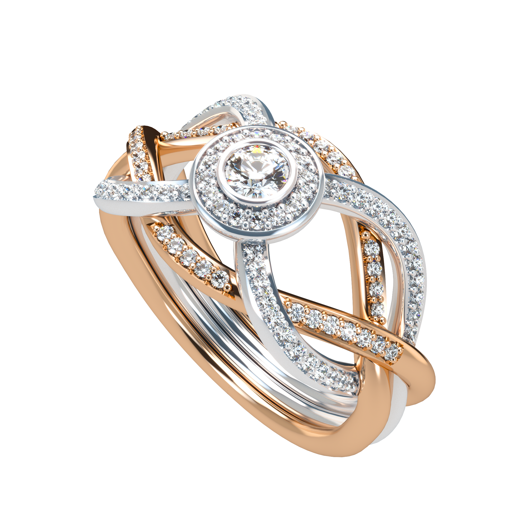Puzzle ring with full diamond pavé with diamond halo - ™ Joaillerie VCL
