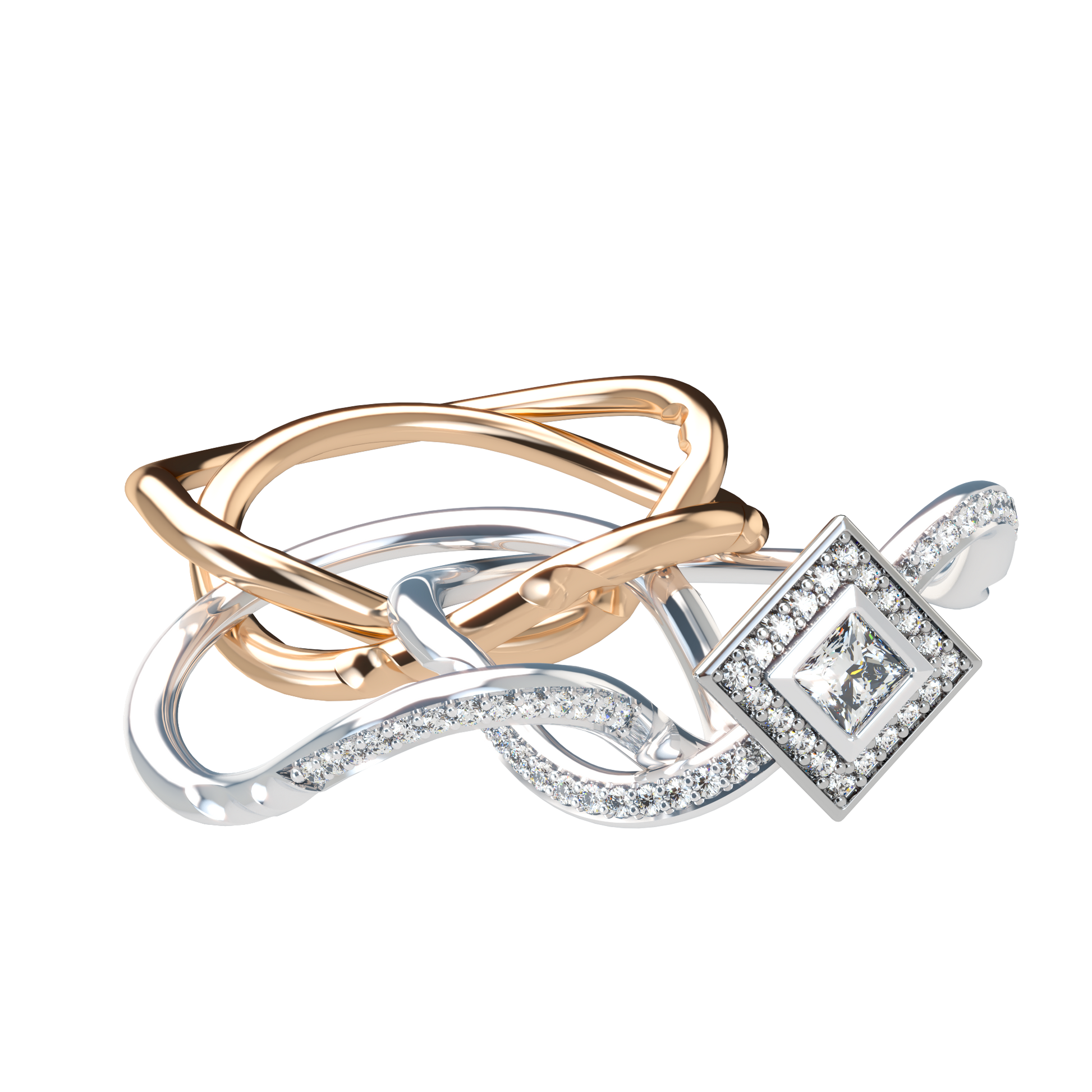 Puzzle ring with half diamond pavé and princess cut diamond halo setting - ™ Joaillerie VCL
