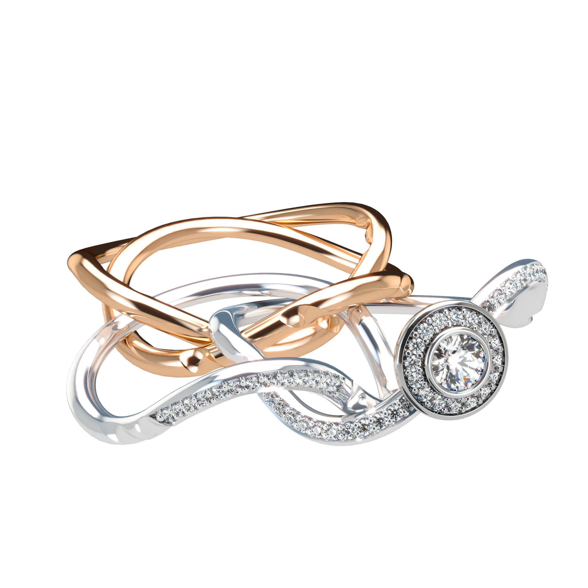 Puzzle ring half diamond pavé halo diamond setting - ™ Joaillerie VCL