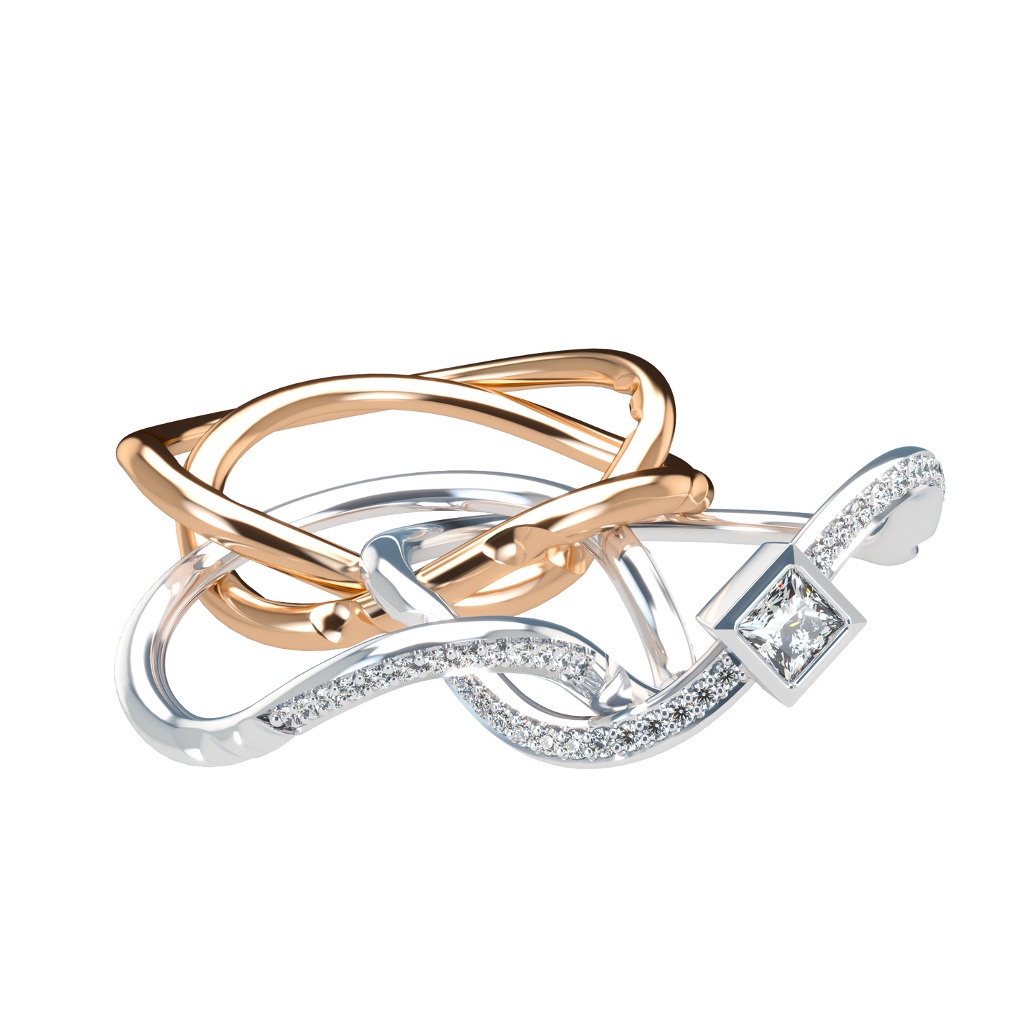 Puzzle ring with Half diamond Pavé and Princess cut diamond Bezel - ™ Joaillerie VCL